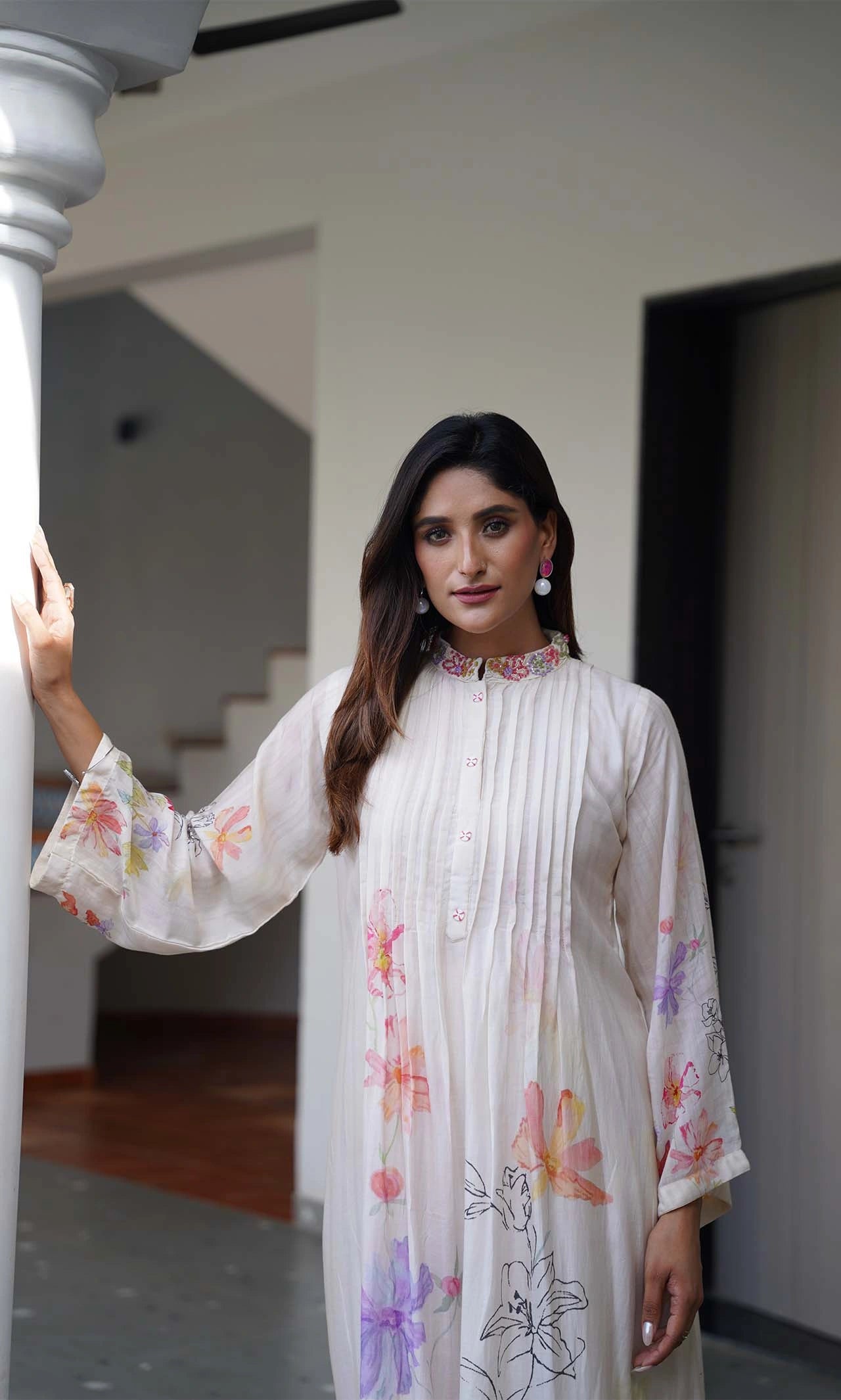 Pastel Watercolor Floral Muslin Kurta Set with Pintuck Pleats and Beaded Mandarin Collar