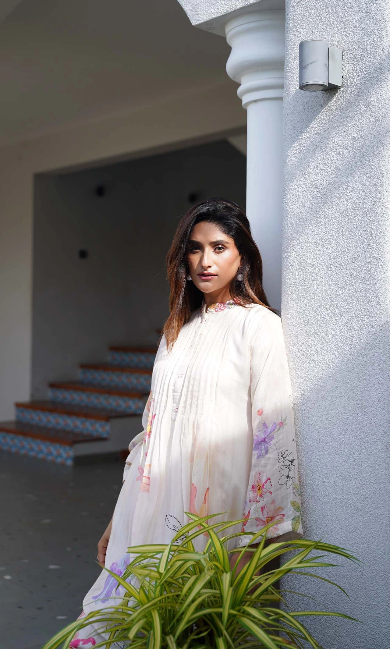 Pastel Watercolor Floral Muslin Kurta Set with Pintuck Pleats and Beaded Mandarin Collar