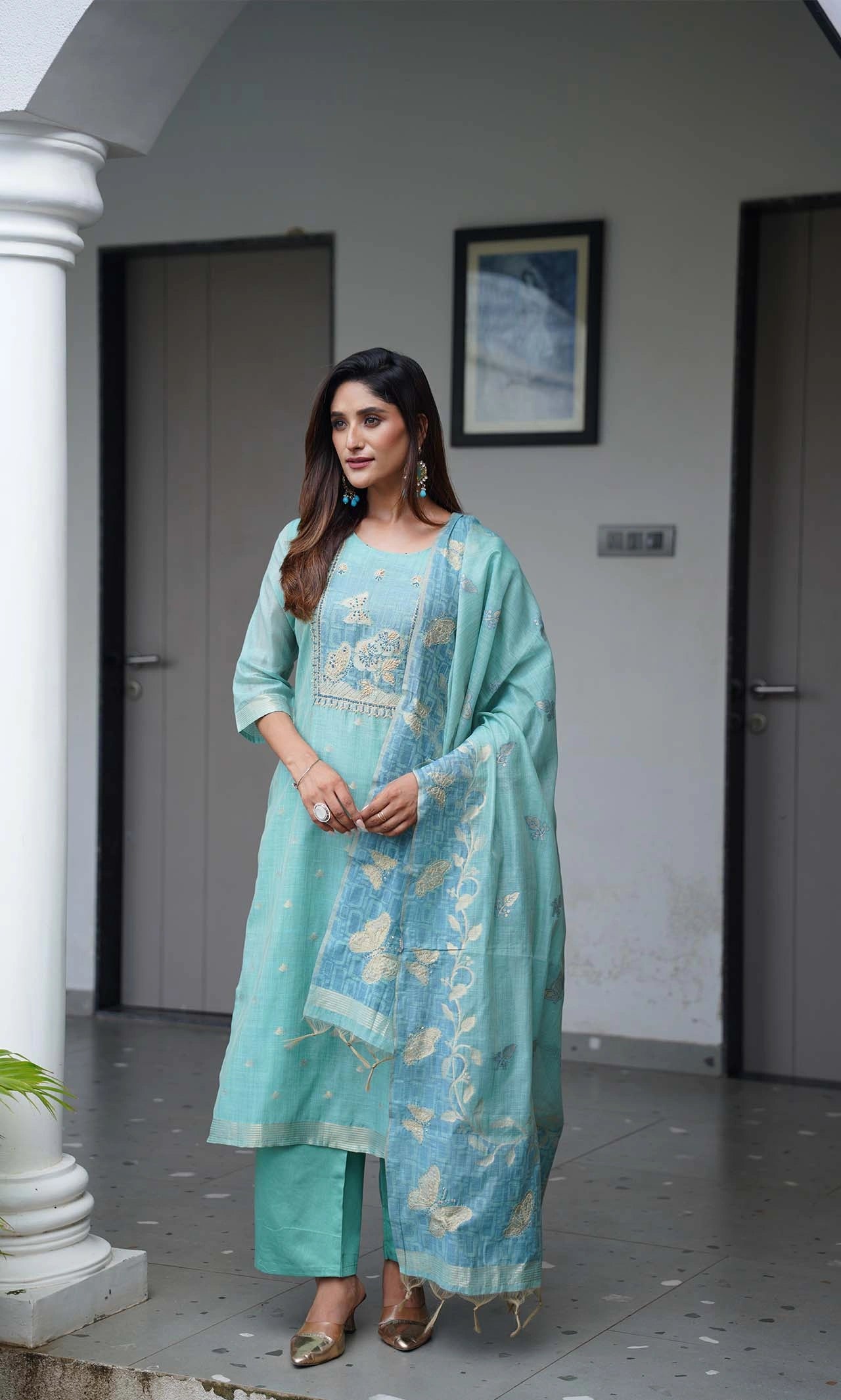 Pastel Aqua Blue Chanderi Silk 3-Piece Suit Set with Butterfly Threadwork and Zari Detailing