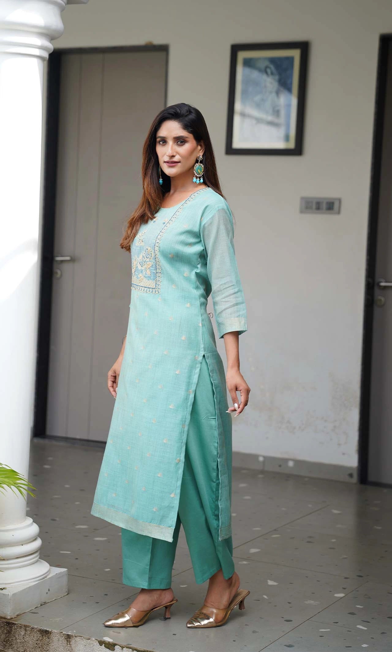 Pastel Aqua Blue Chanderi Silk 3-Piece Suit Set with Butterfly Threadwork and Zari Detailing