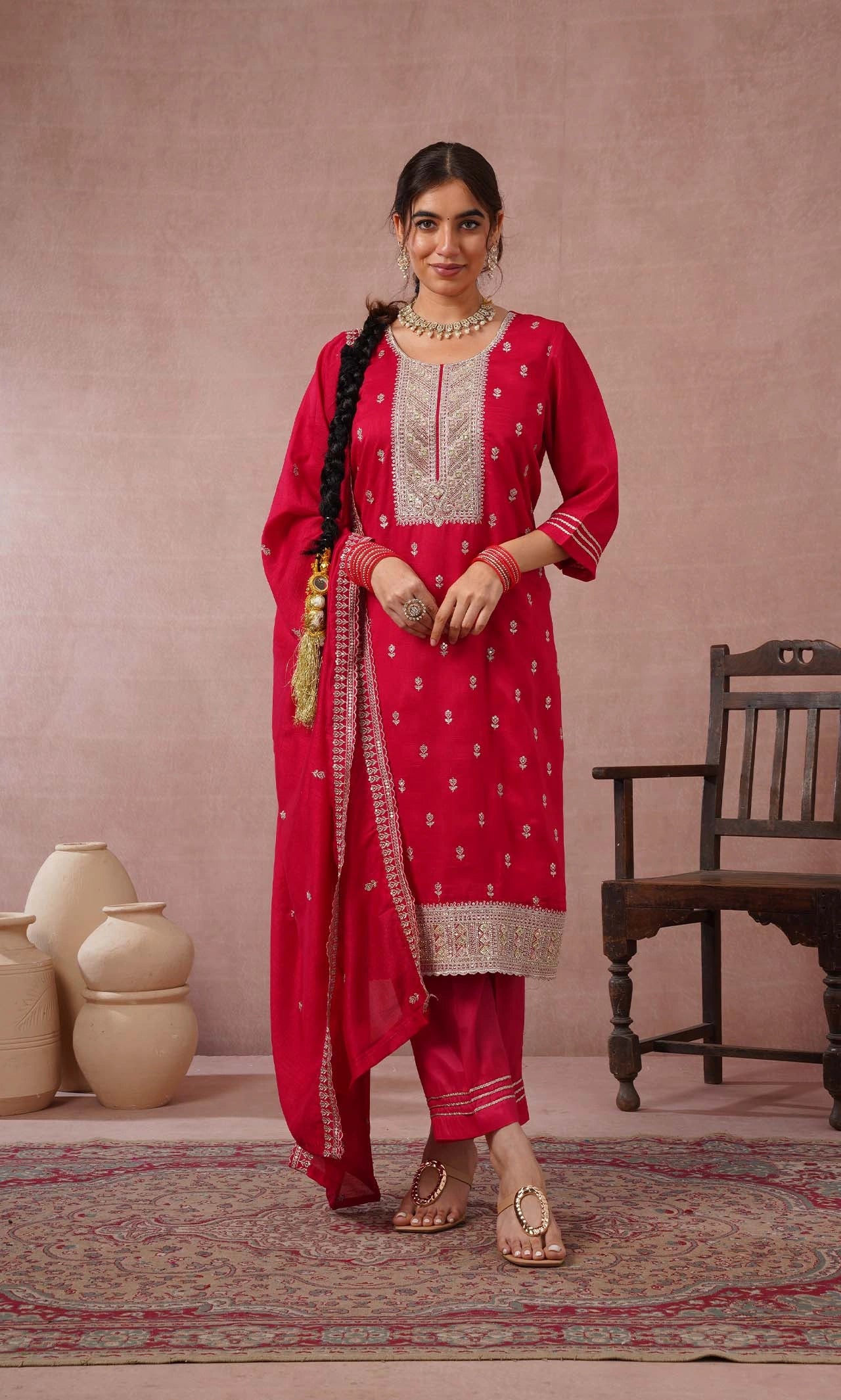 Ruby Pink Embroidered Kurta Set With Dupatta