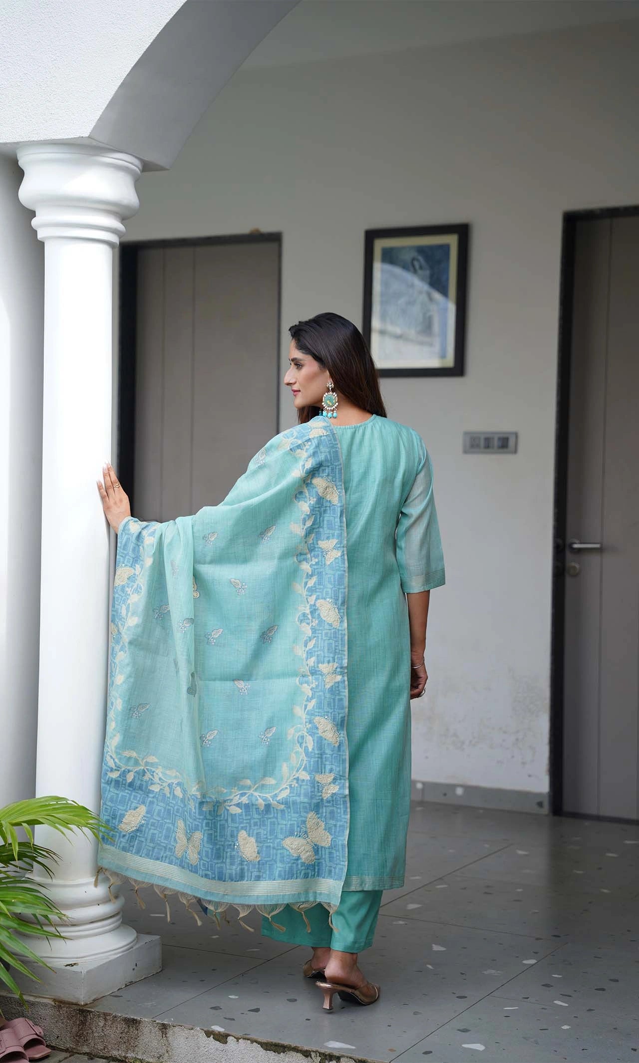 Pastel Aqua Blue Chanderi Silk 3-Piece Suit Set with Butterfly Threadwork and Zari Detailing