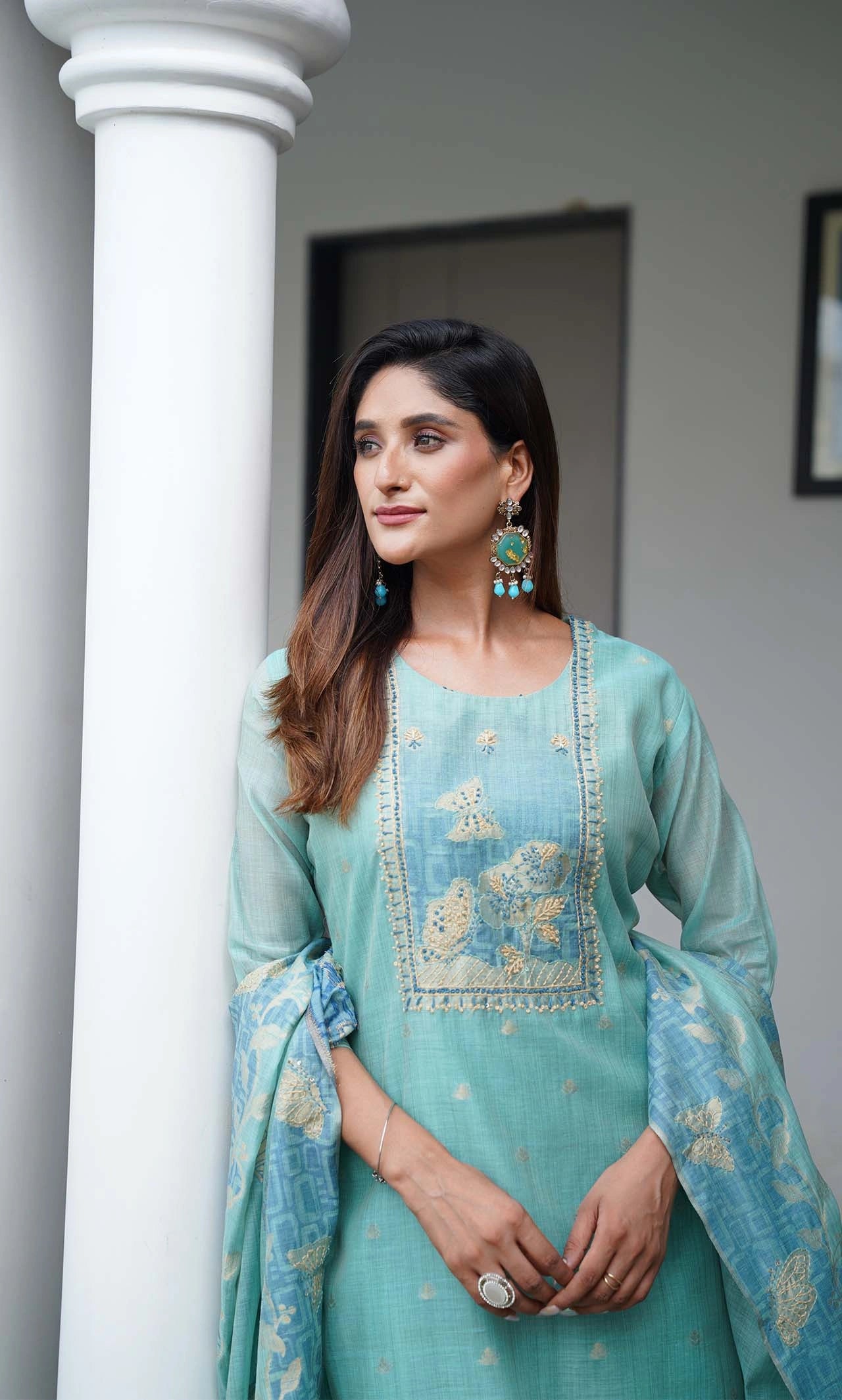 Pastel Aqua Blue Chanderi Silk 3-Piece Suit Set with Butterfly Threadwork and Zari Detailing