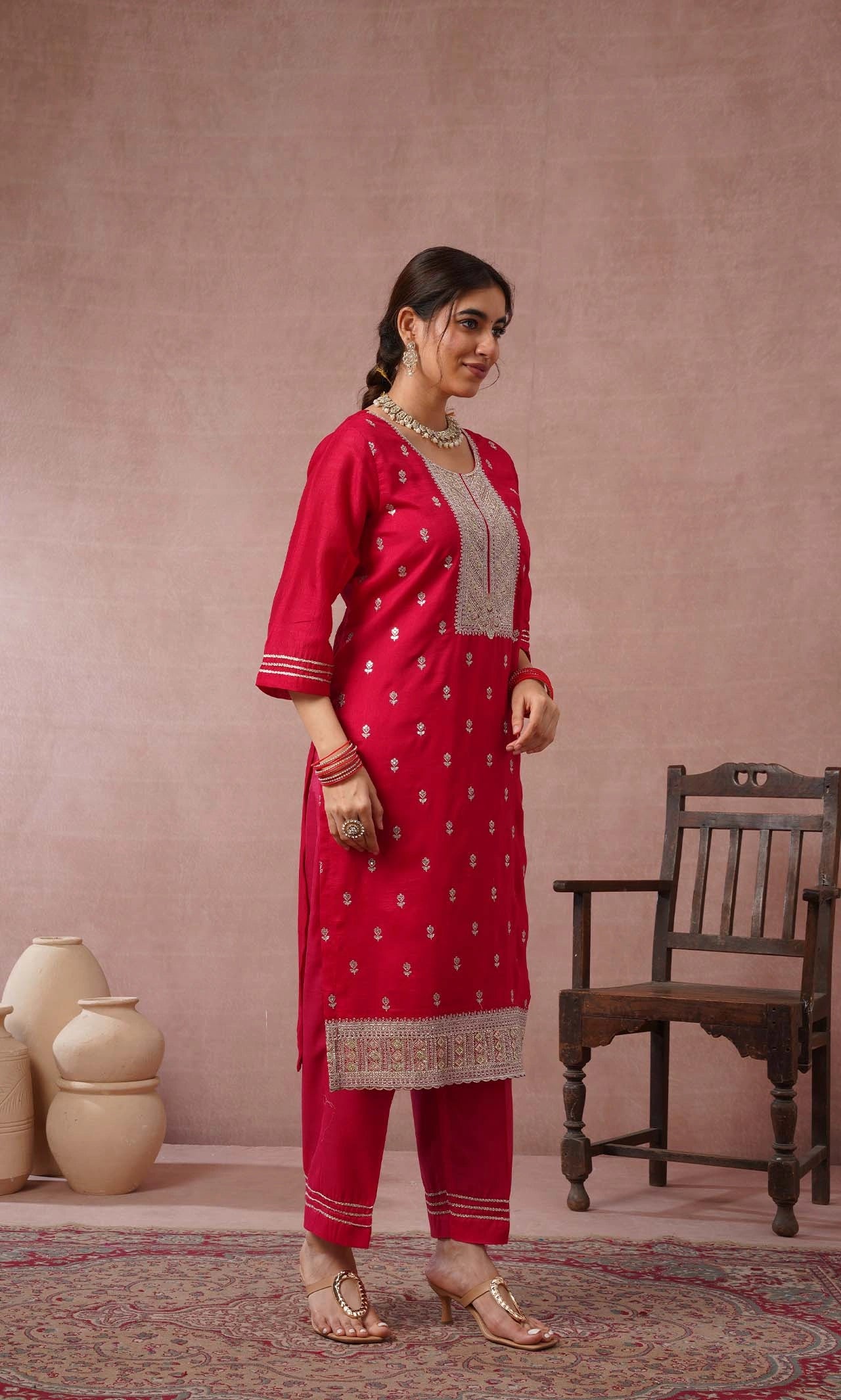 Ruby Pink Embroidered Kurta Set With Dupatta