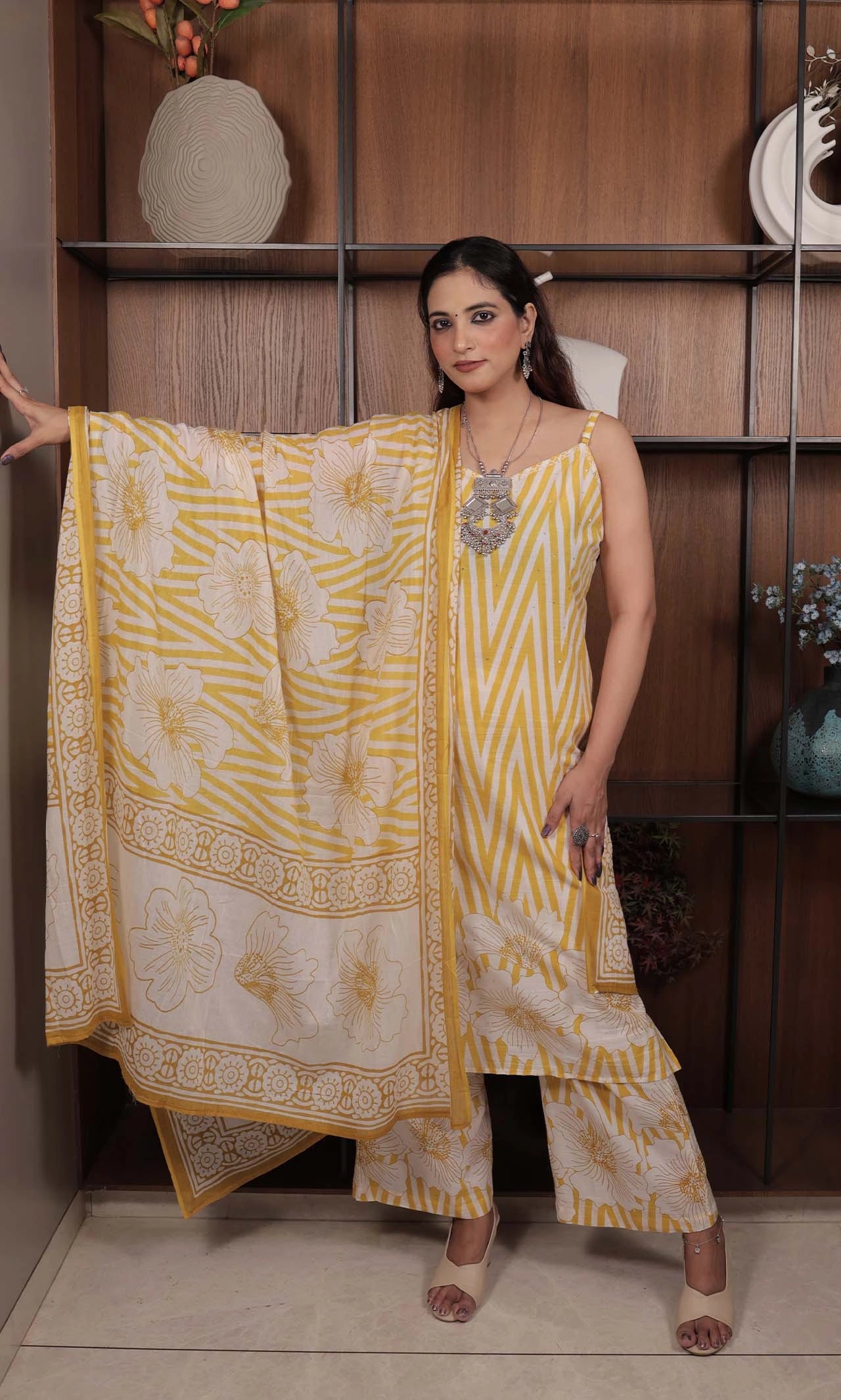 Sunshine Yellow Striped Floral Cotton Suit Set with Wide-Leg Pants and Printed Dupatta