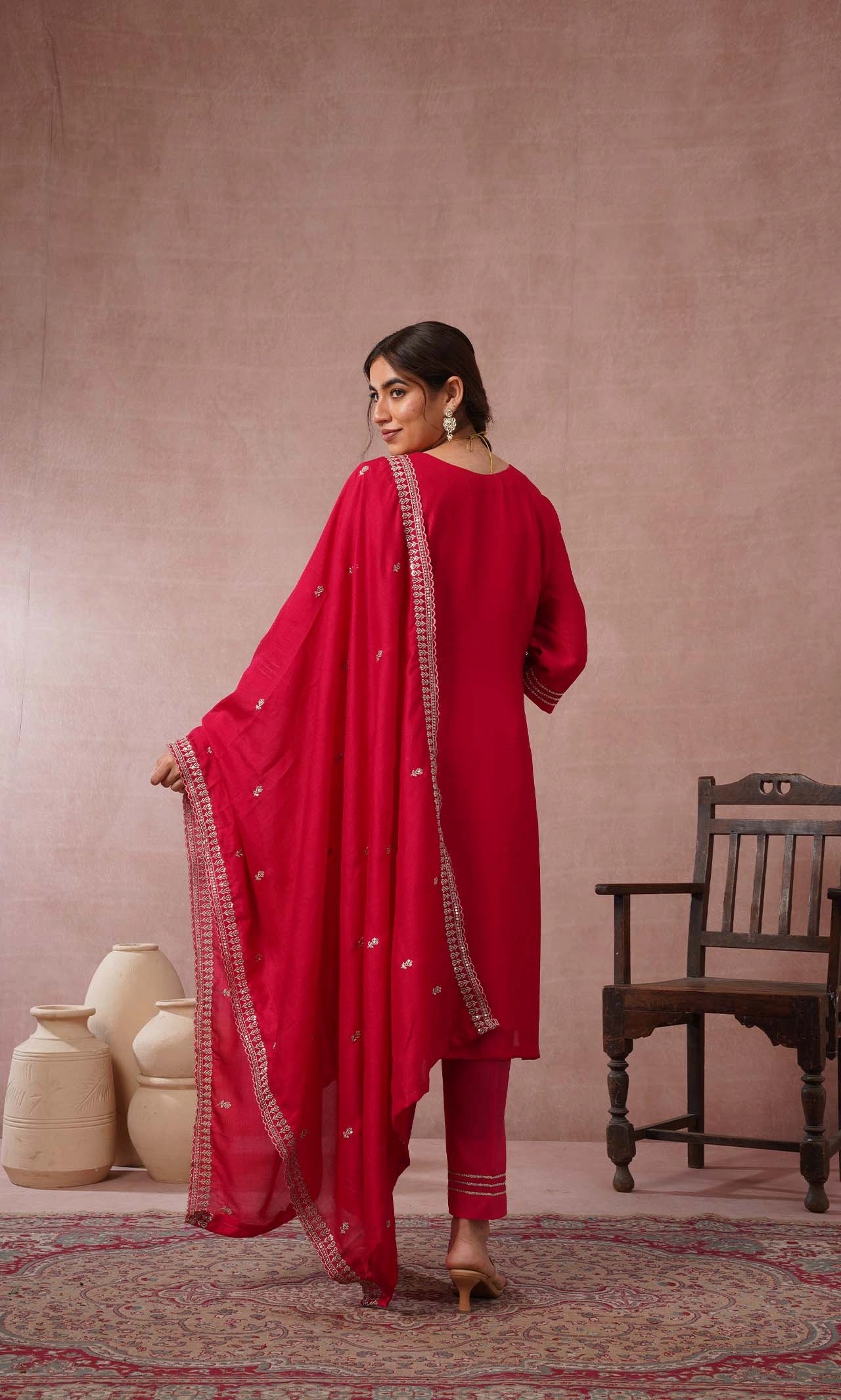 Ruby Pink Embroidered Kurta Set With Dupatta