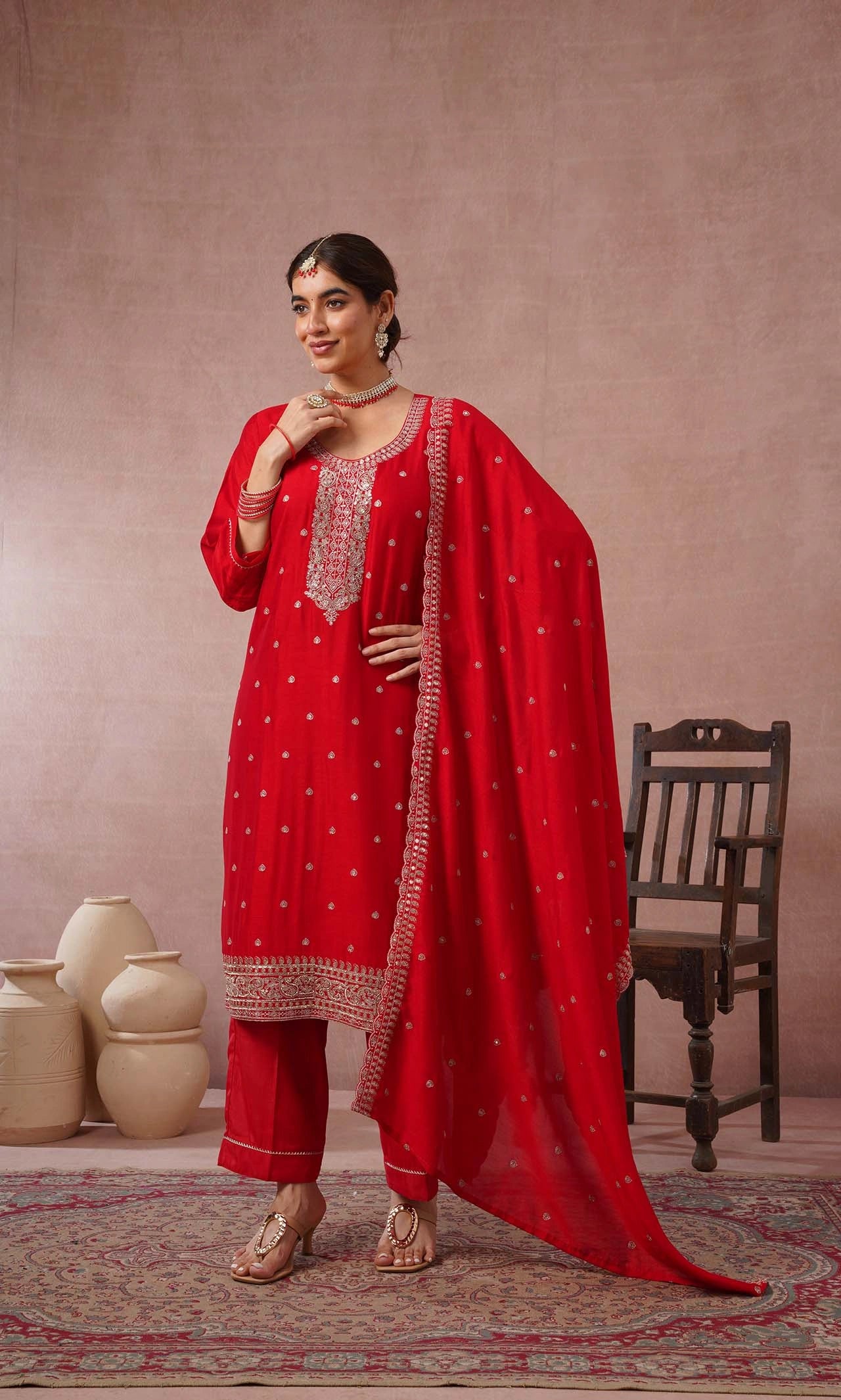 Kasish Red Embroidered Kurta Set With Dupatta