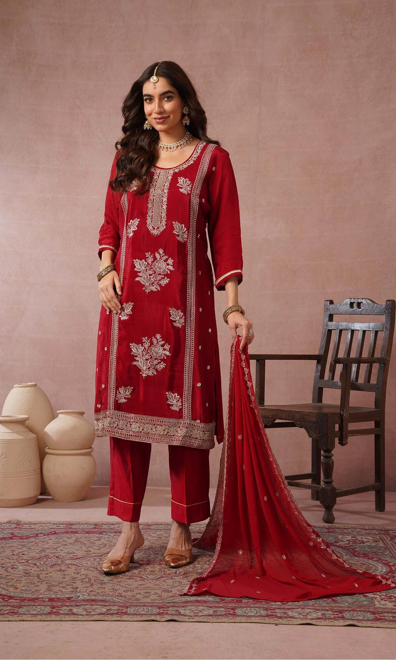 Crimson Embroidered Kurta Set with Dupatta