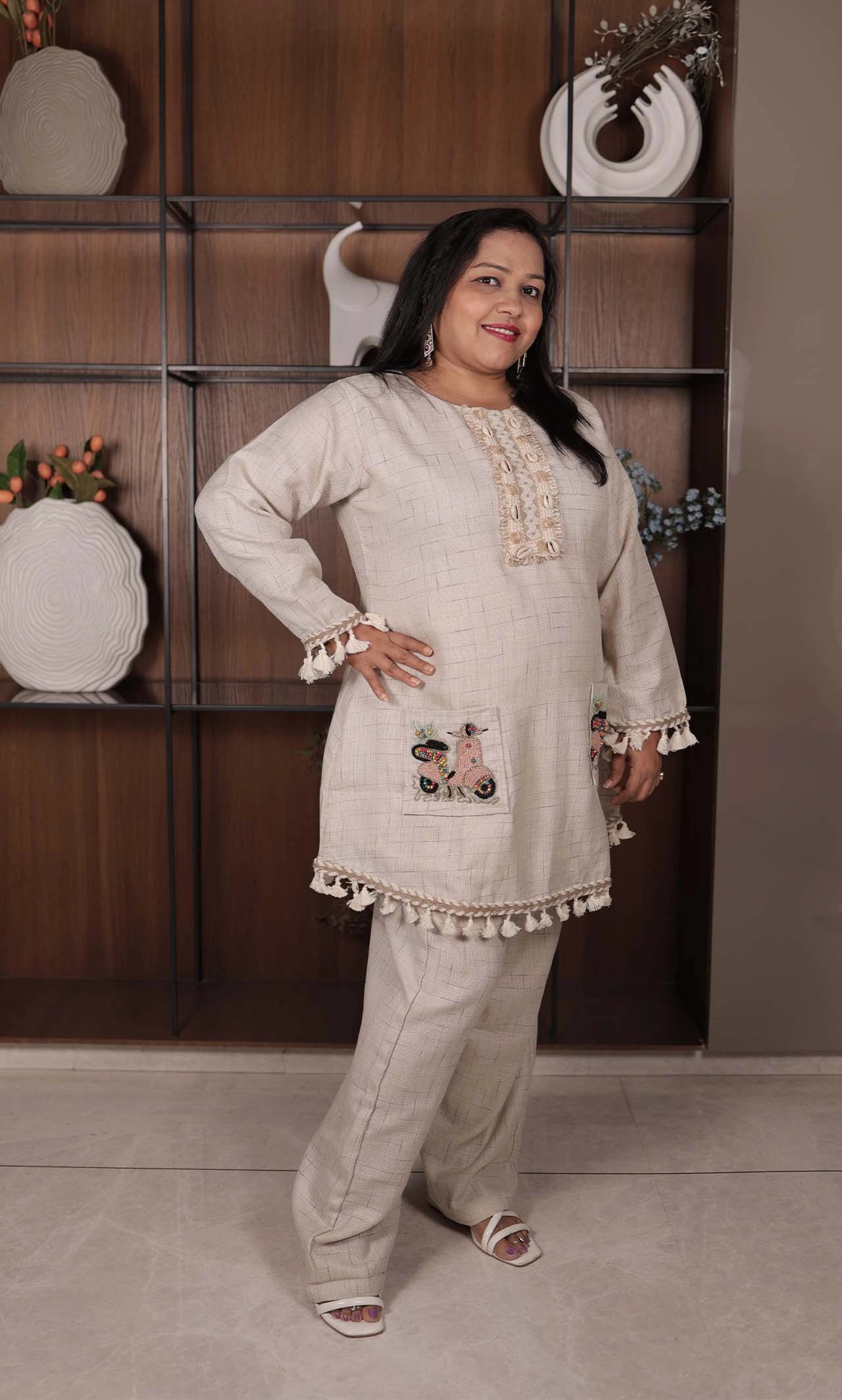 Earthy Jute Kurta Coord Set with Hand-Embroidered Scooter Patch, Lace Trims & Wide-Leg Pants