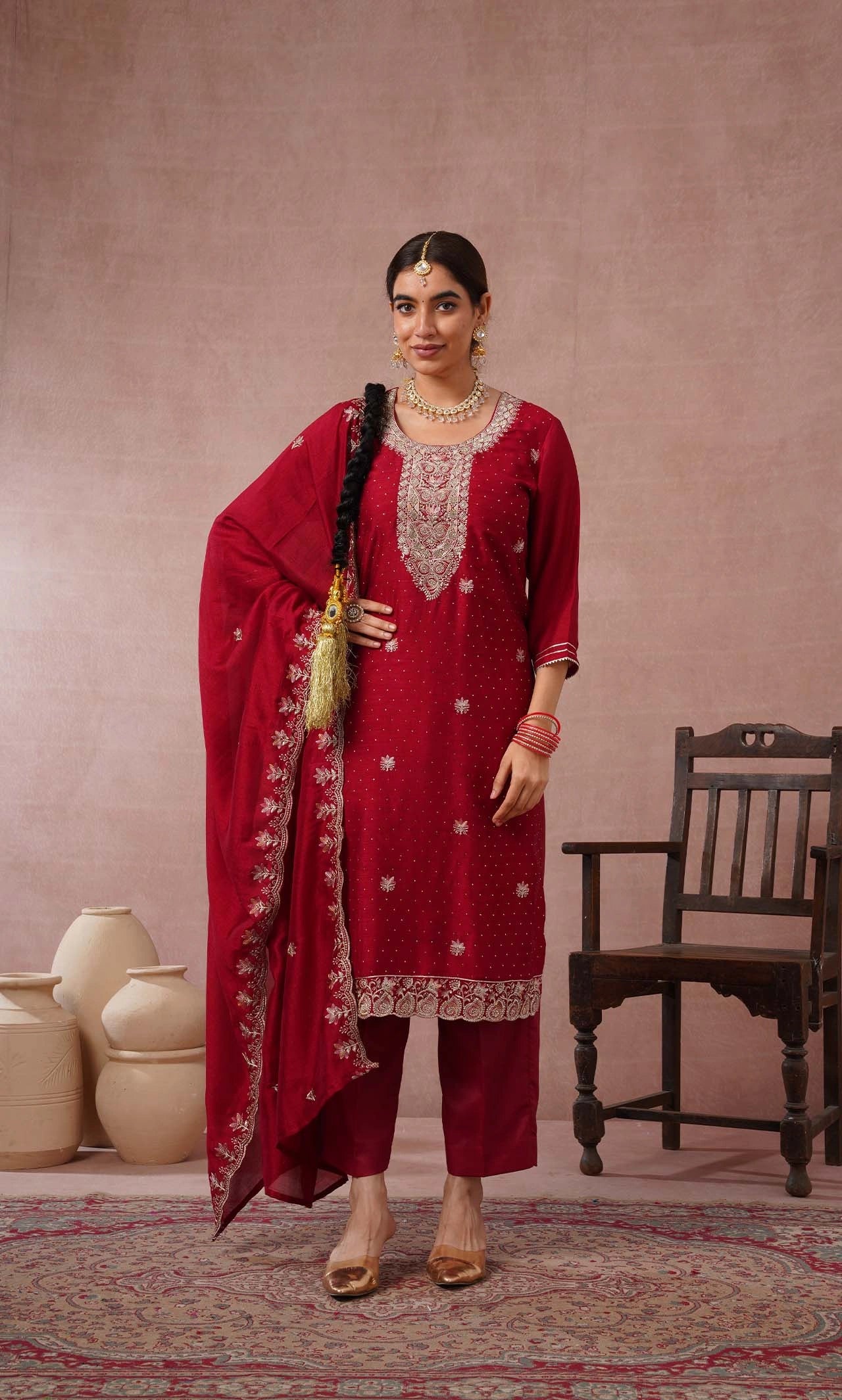 Filmore Maroon Embroidered Kurta Set With Dupatta