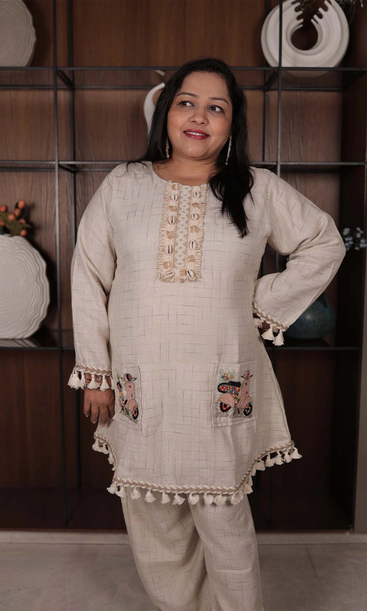 Earthy Jute Kurta Coord Set with Hand-Embroidered Scooter Patch, Lace Trims & Wide-Leg Pants