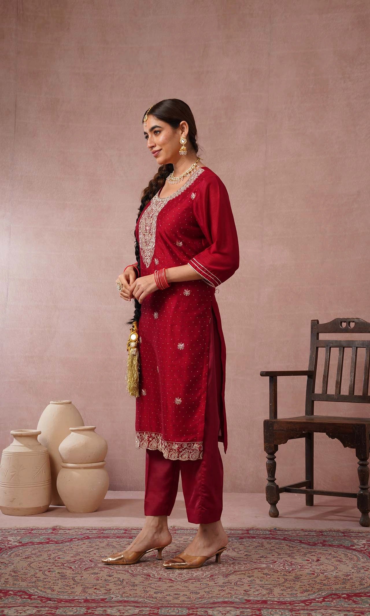 Filmore Maroon Embroidered Kurta Set With Dupatta