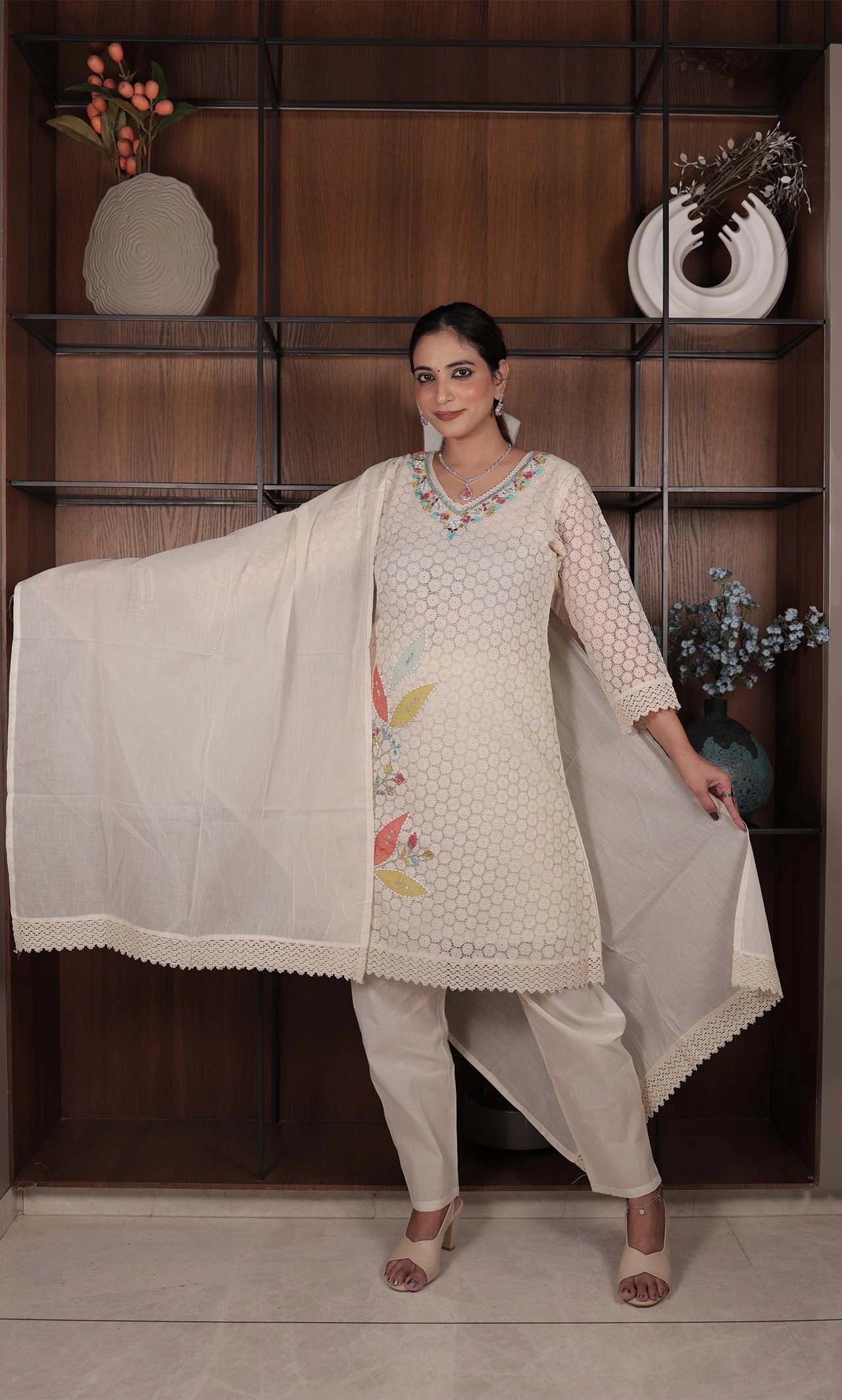 Lakhnavi Net Embroidered Cotton Suit Set with Plain Bottom and Lace-Detail Dupatta