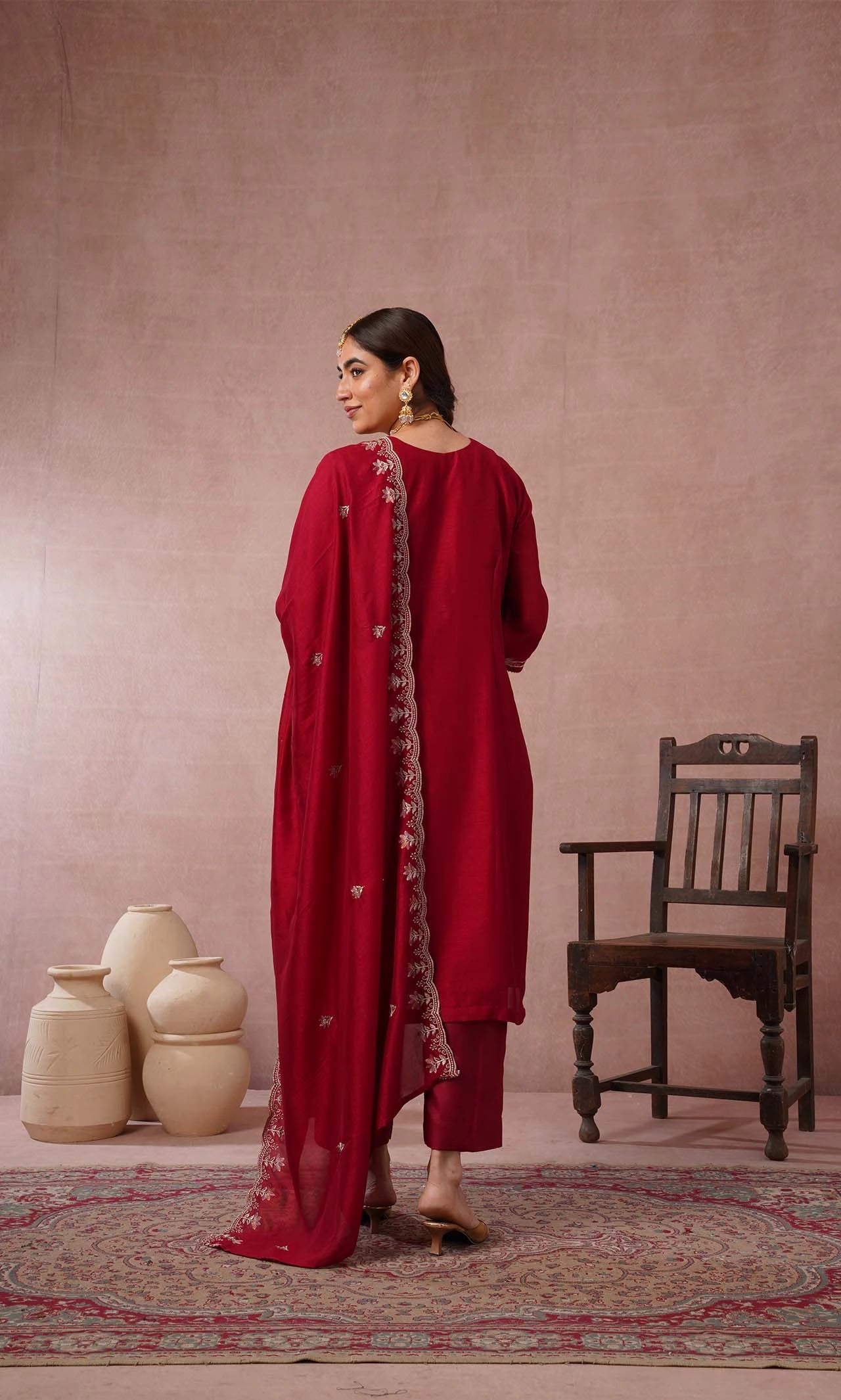 Filmore Maroon Embroidered Kurta Set With Dupatta