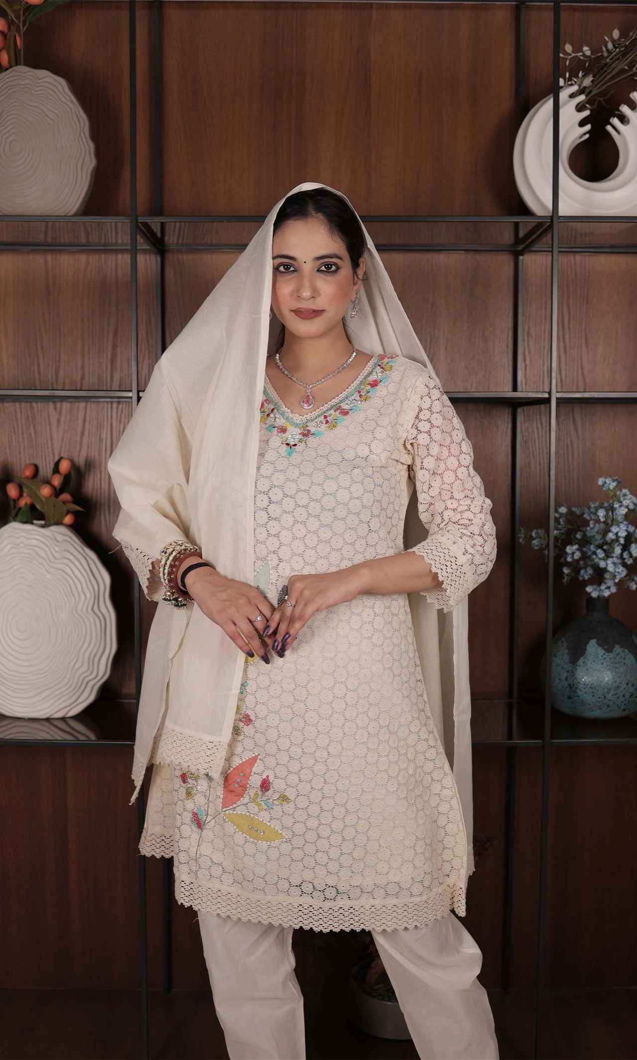 Lakhnavi Net Embroidered Cotton Suit Set with Plain Bottom and Lace-Detail Dupatta