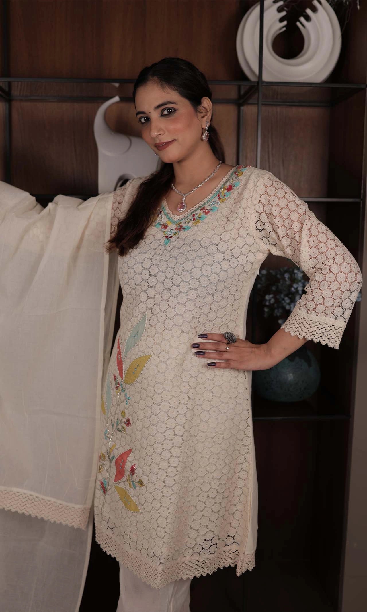 Lakhnavi Net Embroidered Cotton Suit Set with Plain Bottom and Lace-Detail Dupatta