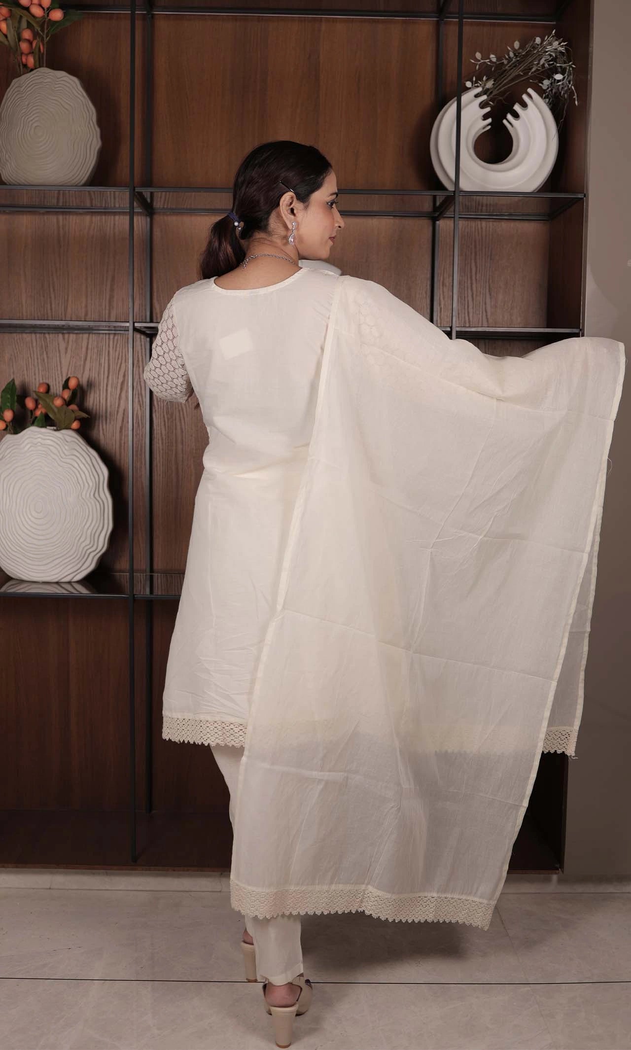 Lakhnavi Net Embroidered Cotton Suit Set with Plain Bottom and Lace-Detail Dupatta