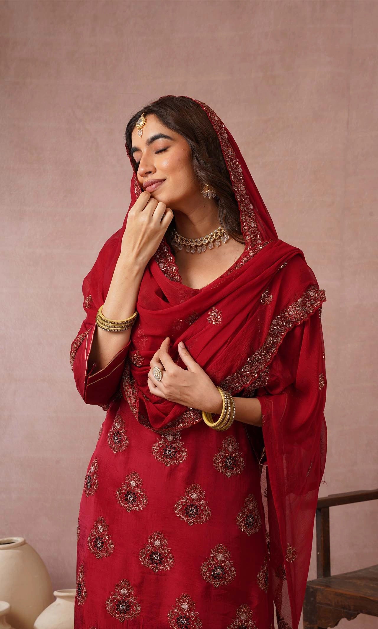 Tanvera Maroon Embroidered Kurta Set With Dupatta