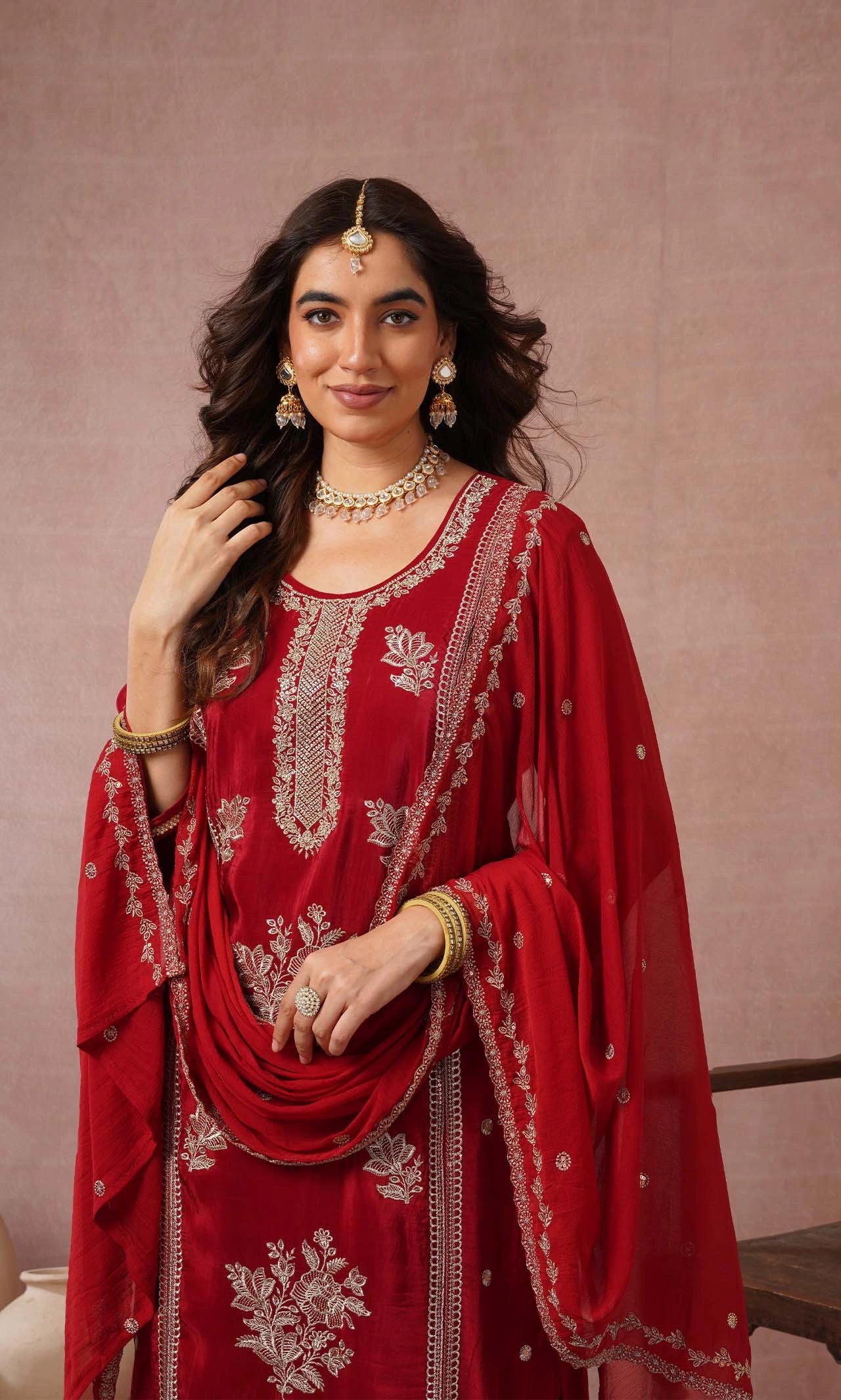 Crimson Embroidered Kurta Set with Dupatta