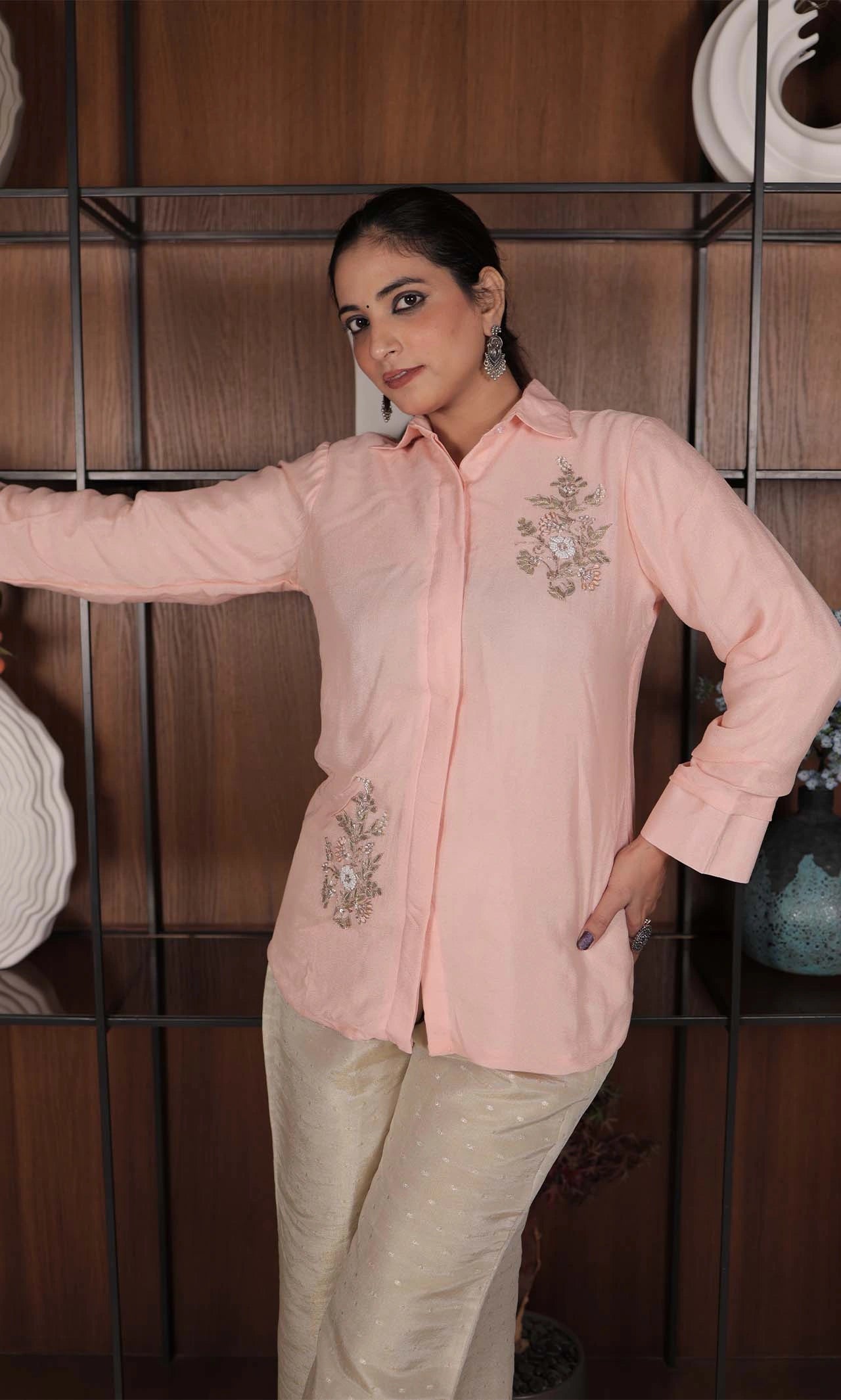 Peach Chiffon Embroidered Shirt with Golden Beige Brocade Pants – Gota Patti & Jardoshi Handwork Coord Set