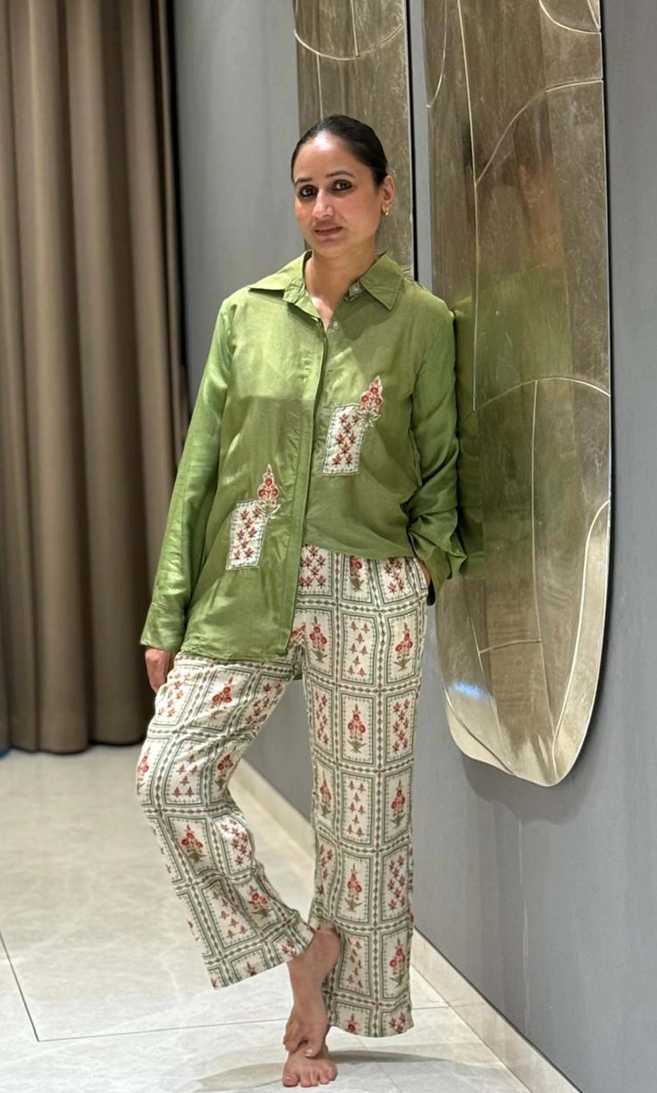 Olive Green Chanderi Silk Shirt with Floral Patch Embroidery & Printed Cotton Trousers Coord Set