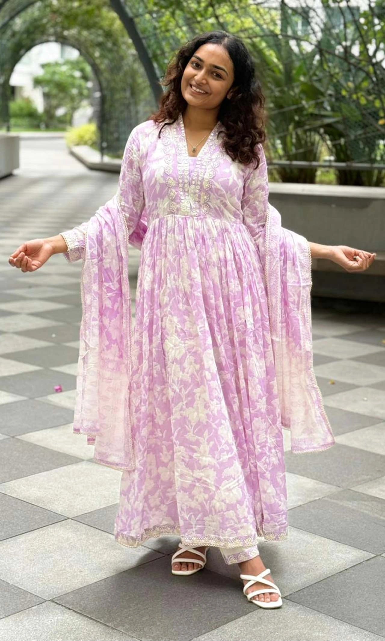 Lavender Floral Pastel Bloom Lace & Mirror-Work Anarkali Kurta Set with Floral Cotton Dupatta