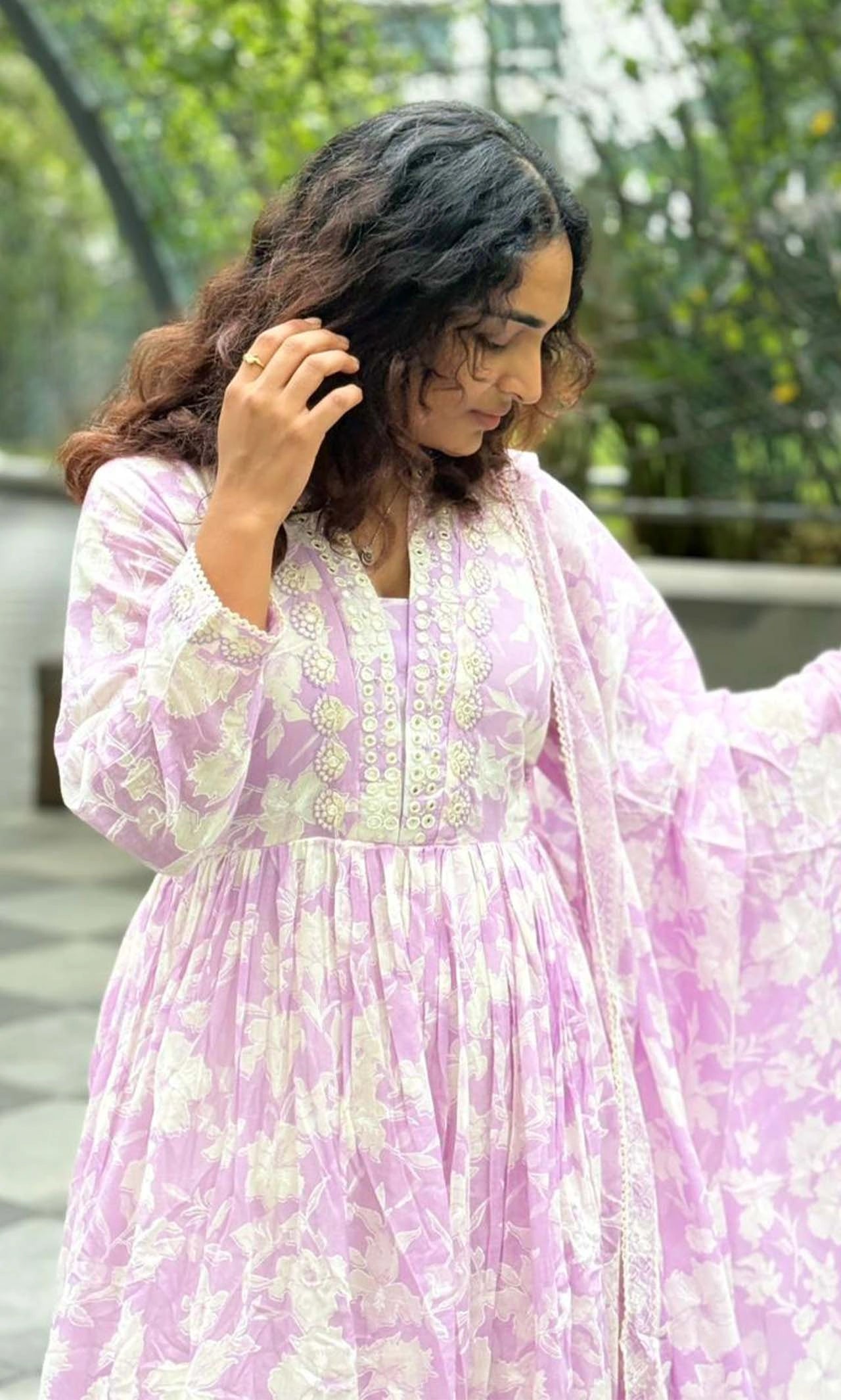 Lavender Floral Pastel Bloom Lace & Mirror-Work Anarkali Kurta Set with Floral Cotton Dupatta