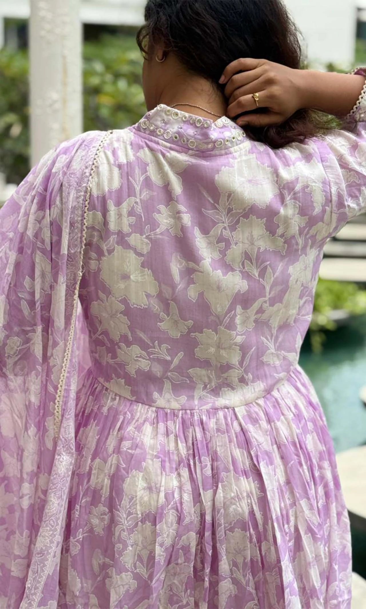 Lavender Floral Pastel Bloom Lace & Mirror-Work Anarkali Kurta Set with Floral Cotton Dupatta