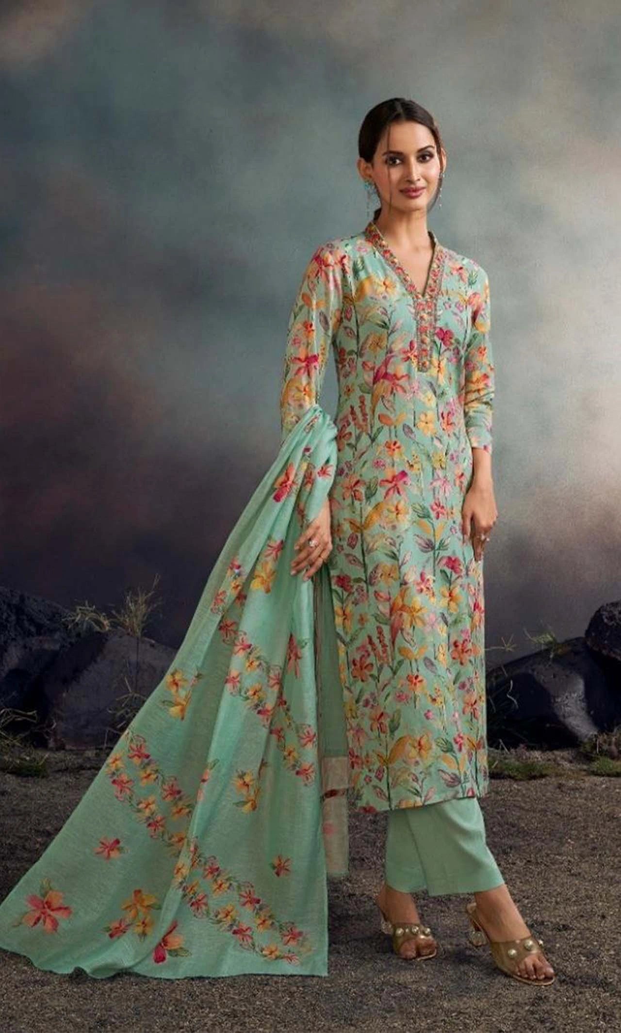 Sea-Green Floral Printed Silk 3-Piece Suit Set with Embroidered V-Neck Kurta and Matching Dupatta