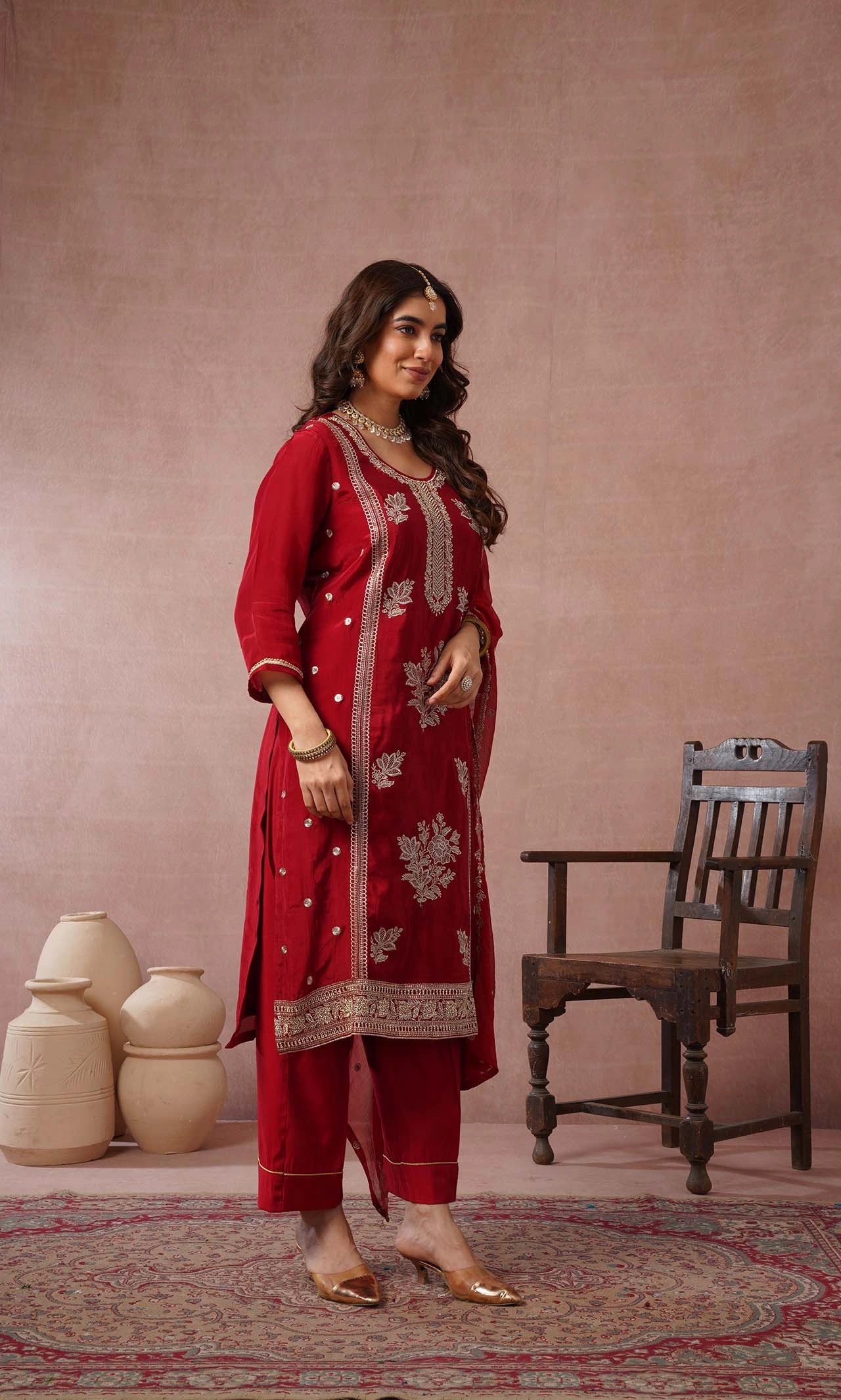 Crimson Embroidered Kurta Set with Dupatta