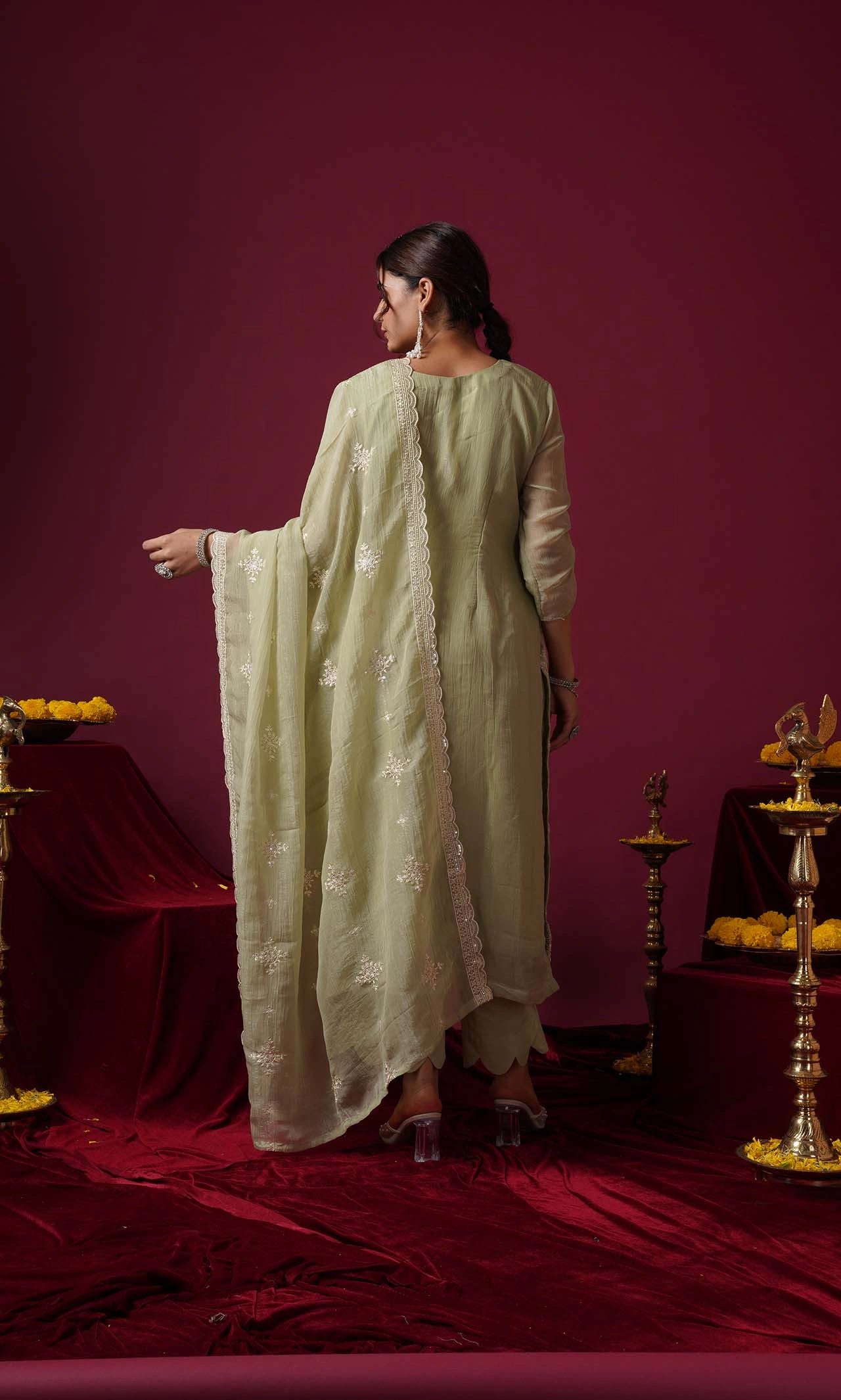 Diamond Pastel Green Embroidered Kurta Set With Dupatta