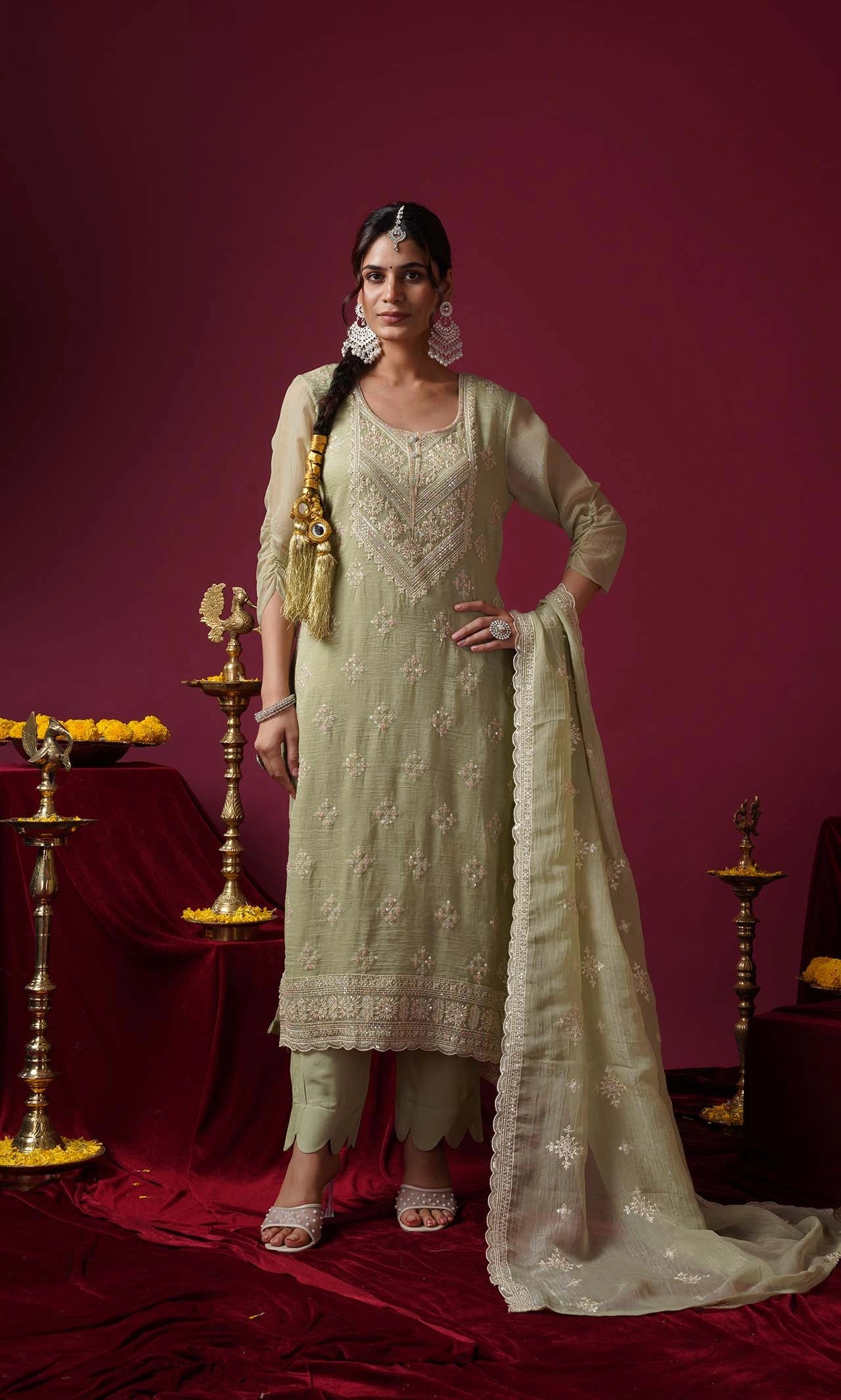 Diamond Pastel Green Embroidered Kurta Set With Dupatta