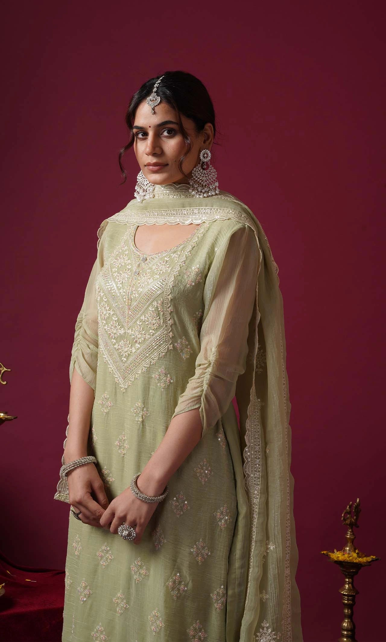 Diamond Pastel Green Embroidered Kurta Set With Dupatta