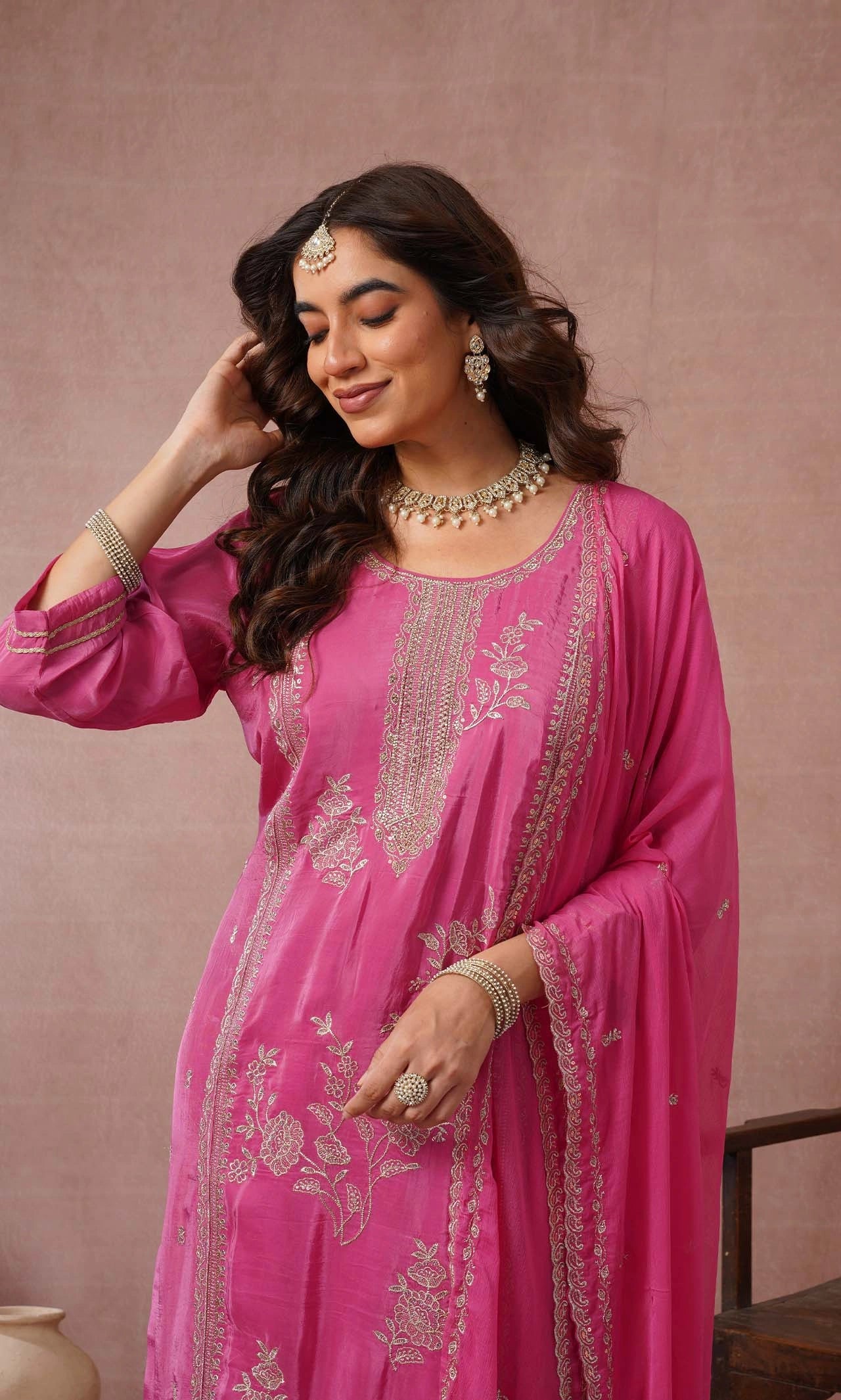 Modak Pink Embroidered Kurta Set With Dupatta