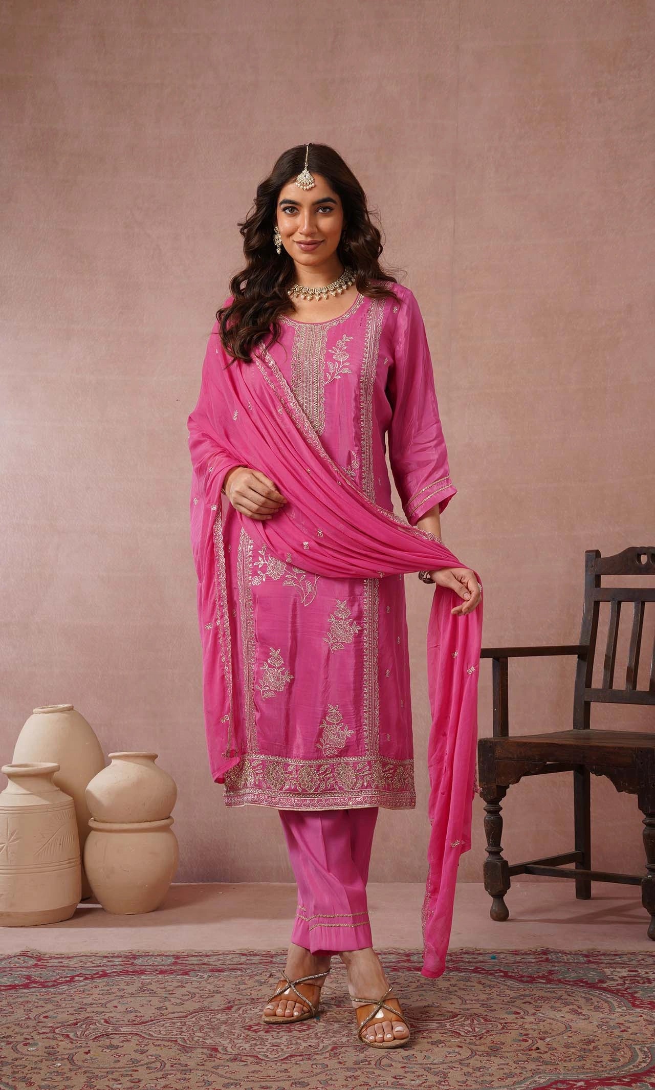 Modak Pink Embroidered Kurta Set With Dupatta