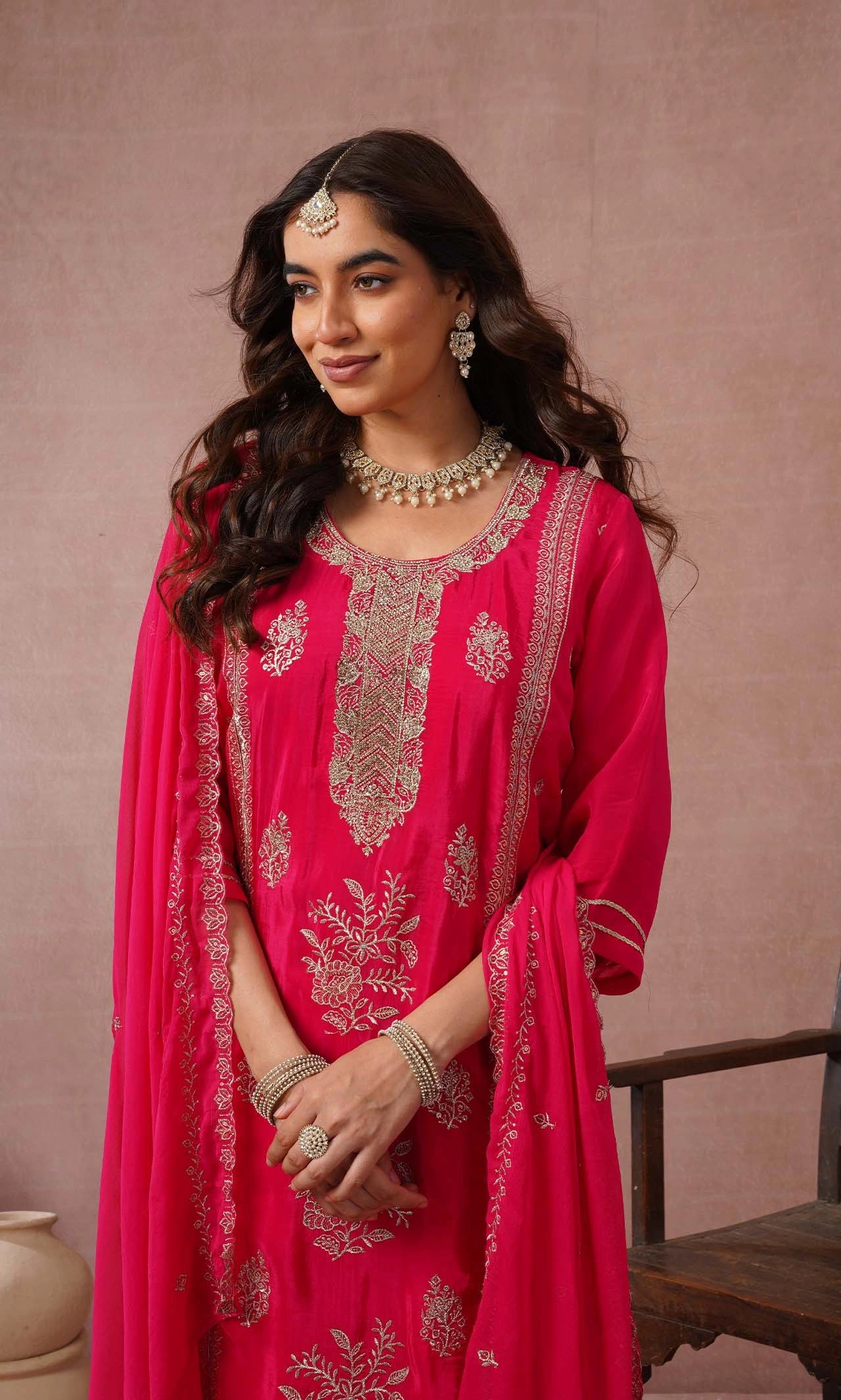 Latest Deep Pink Embroidered Kurta Set With Dupatta