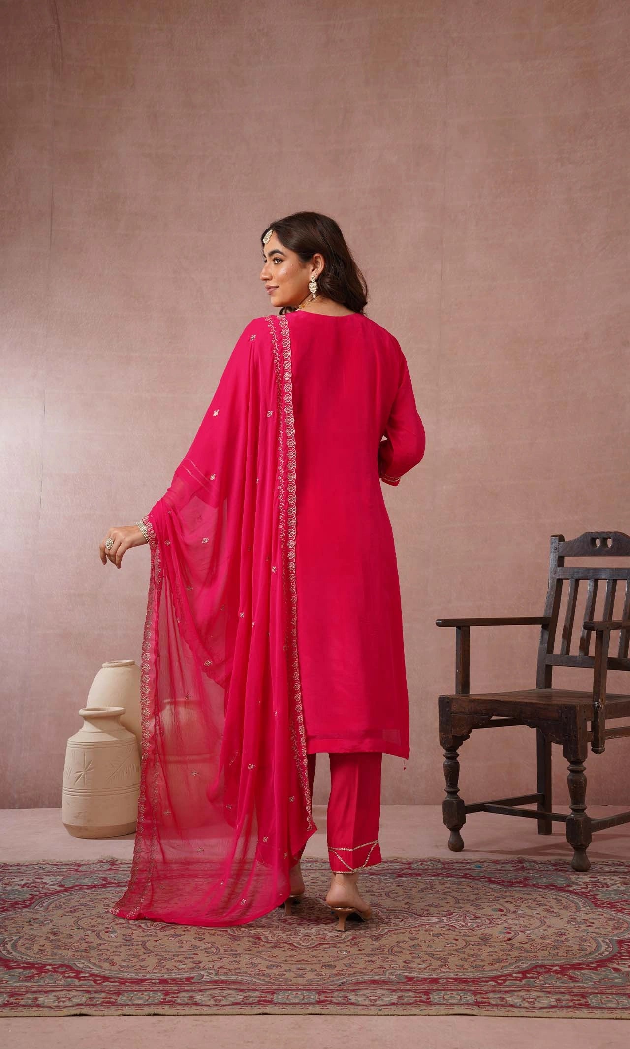 Latest Deep Pink Embroidered Kurta Set With Dupatta