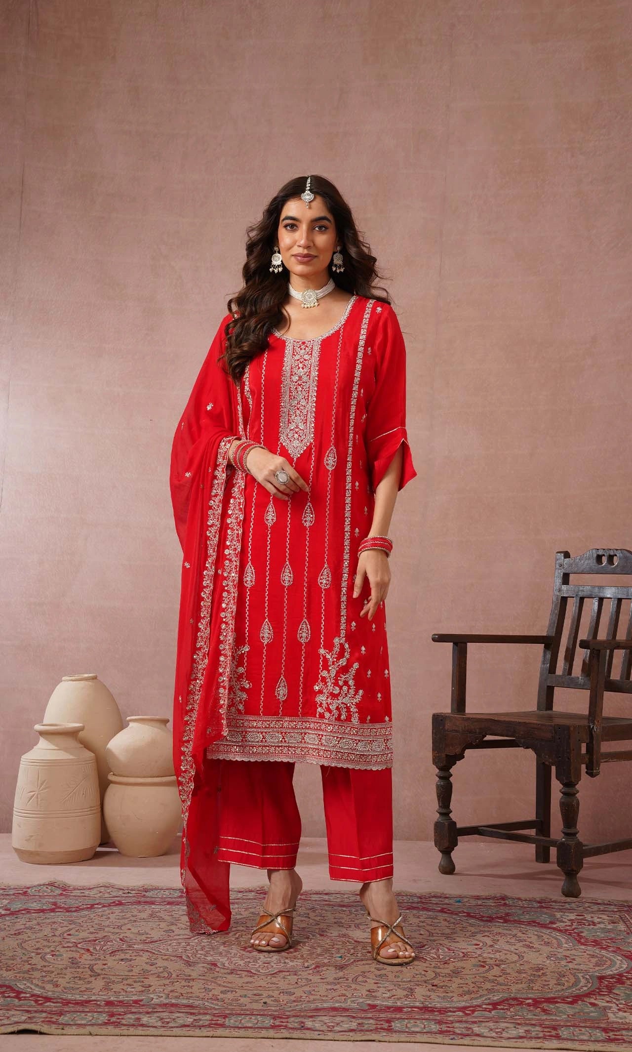 Scarlet Diamond Embellished Kurta Set with Dupatta