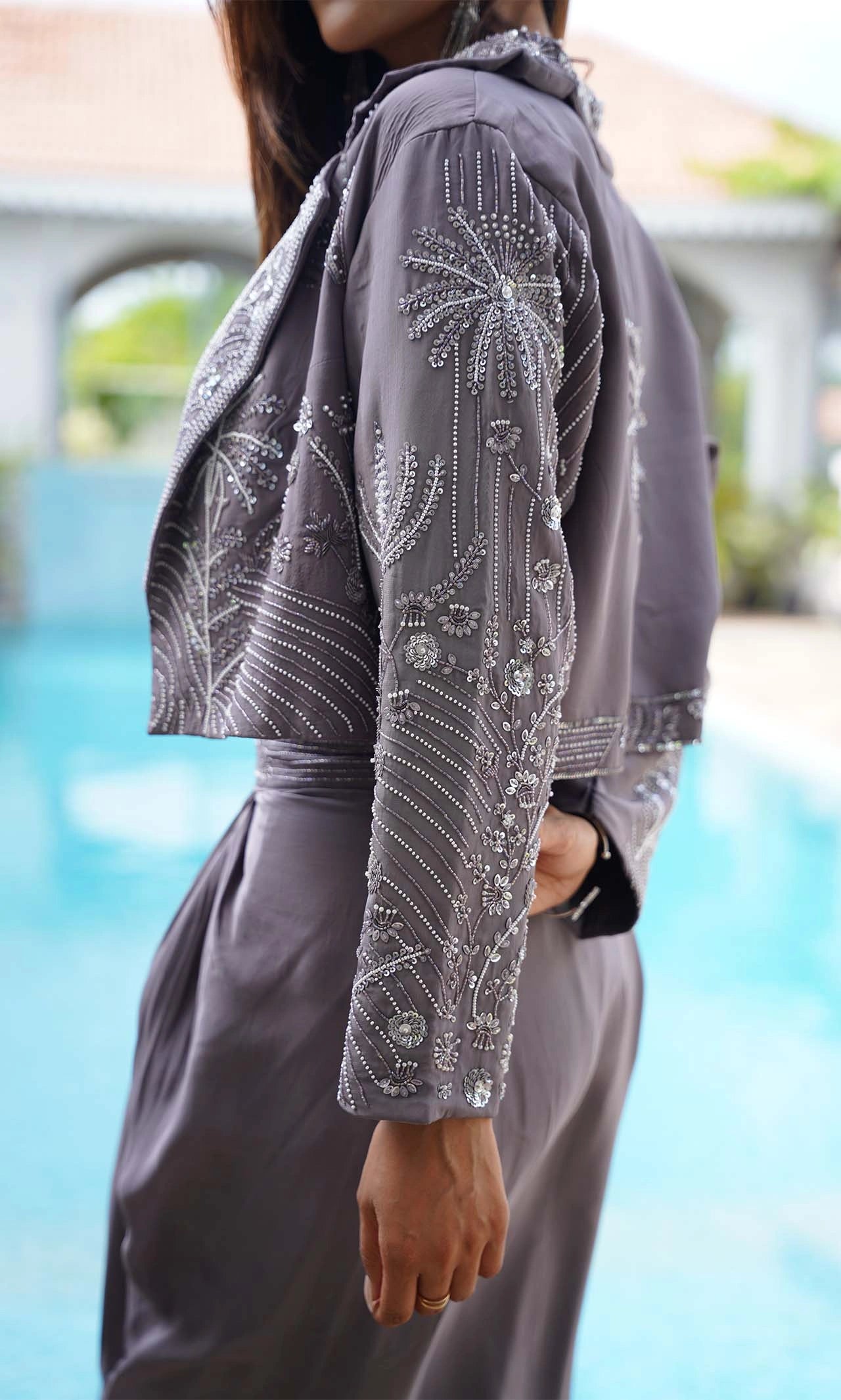 Gray Hand-Embroidered Muslin Crepe 3-Piece Coord Set with Pleated Skirt and Floral Motif Jacket