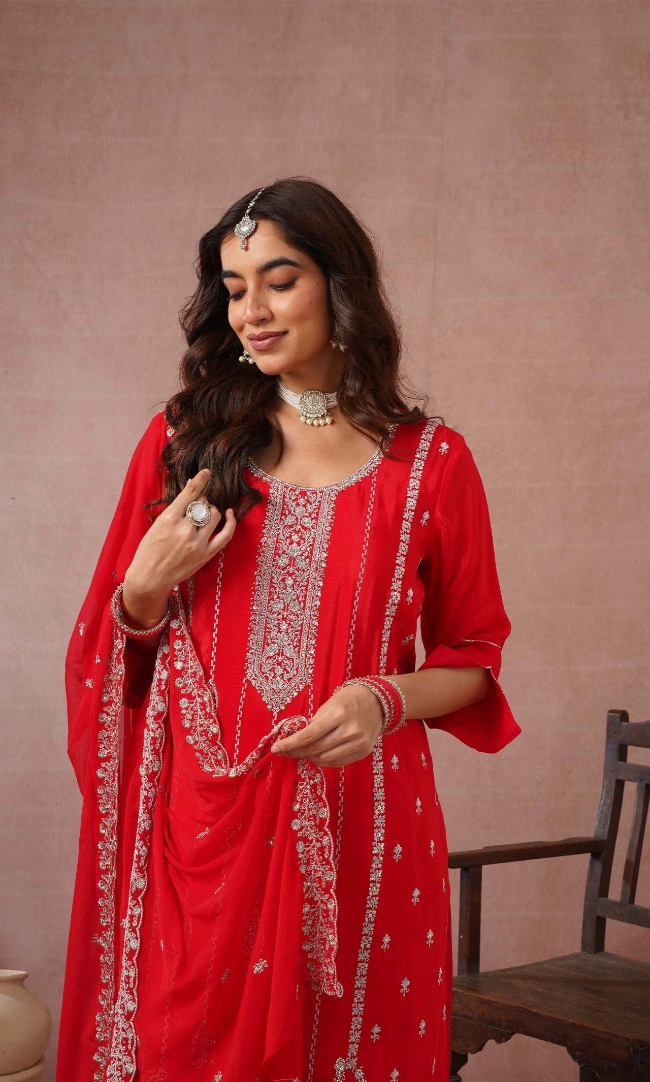 Scarlet Diamond Embellished Kurta Set with Dupatta