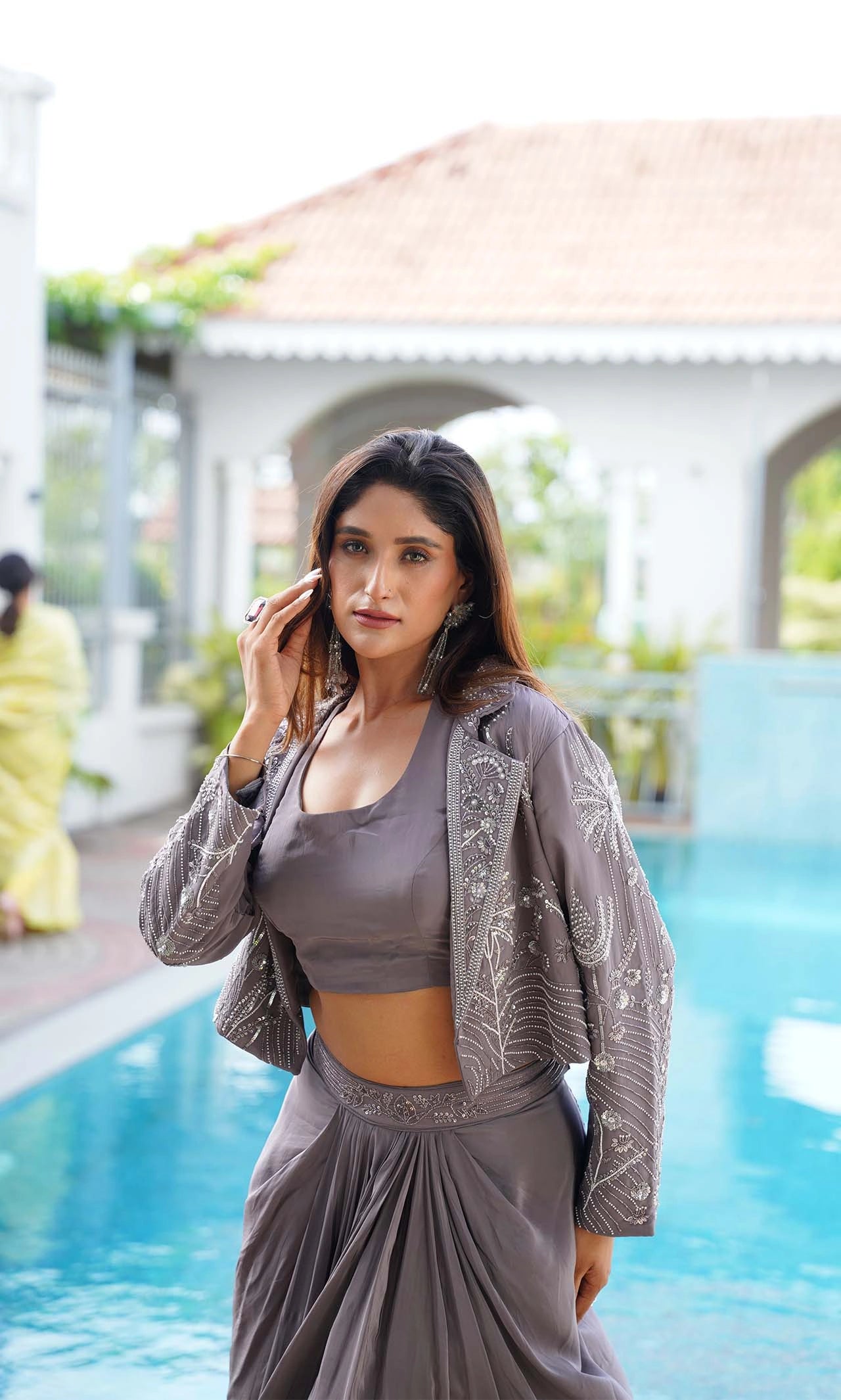 Gray Hand-Embroidered Muslin Crepe 3-Piece Coord Set with Pleated Skirt and Floral Motif Jacket