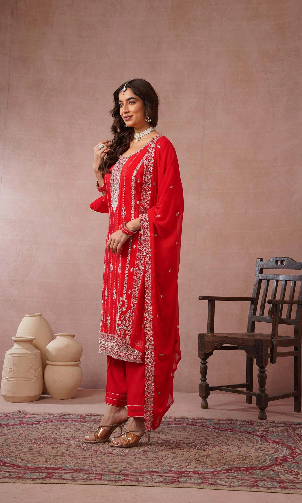 Scarlet Diamond Embellished Kurta Set with Dupatta