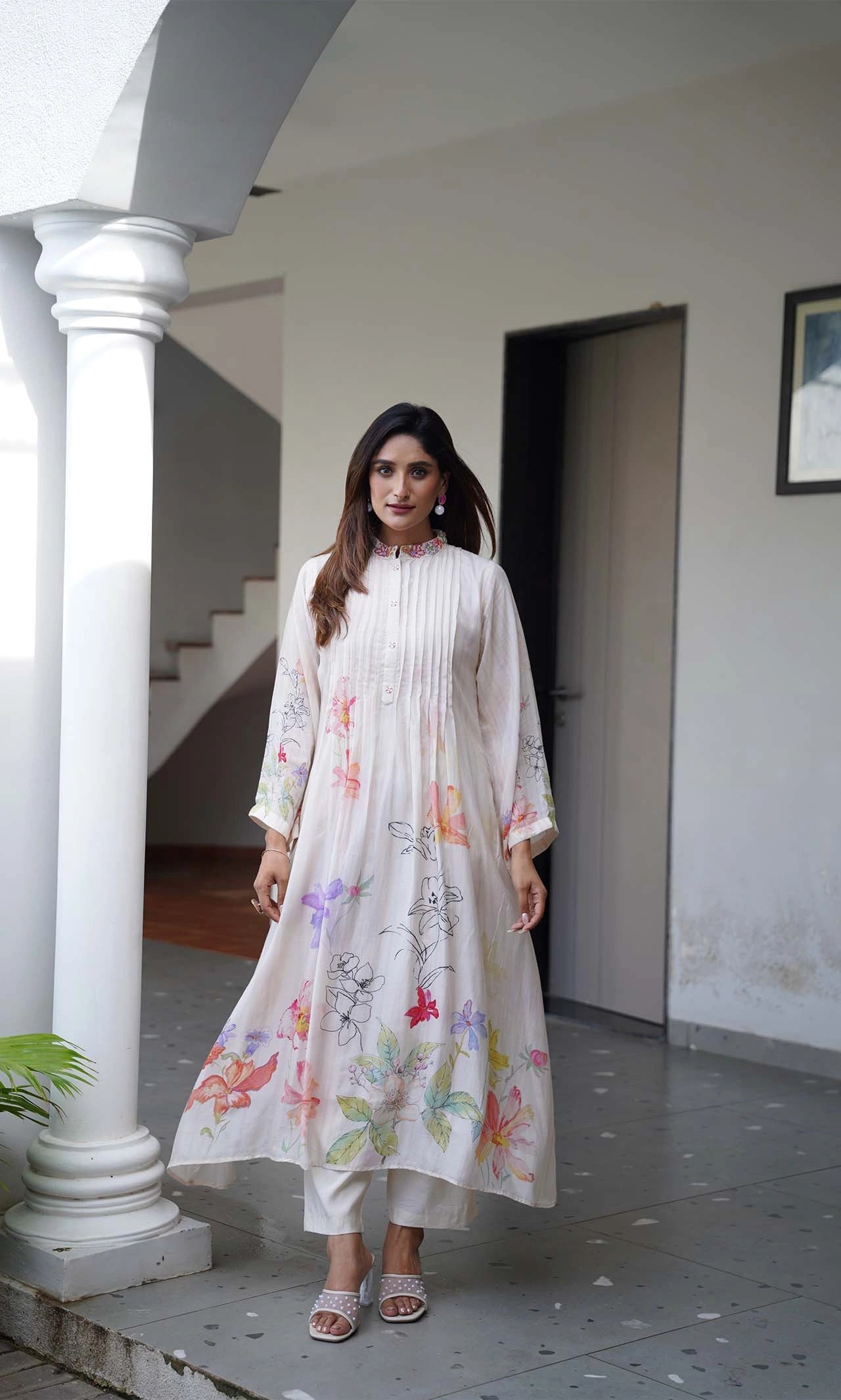 Pastel Watercolor Floral Muslin Kurta Set with Pintuck Pleats and Beaded Mandarin Collar