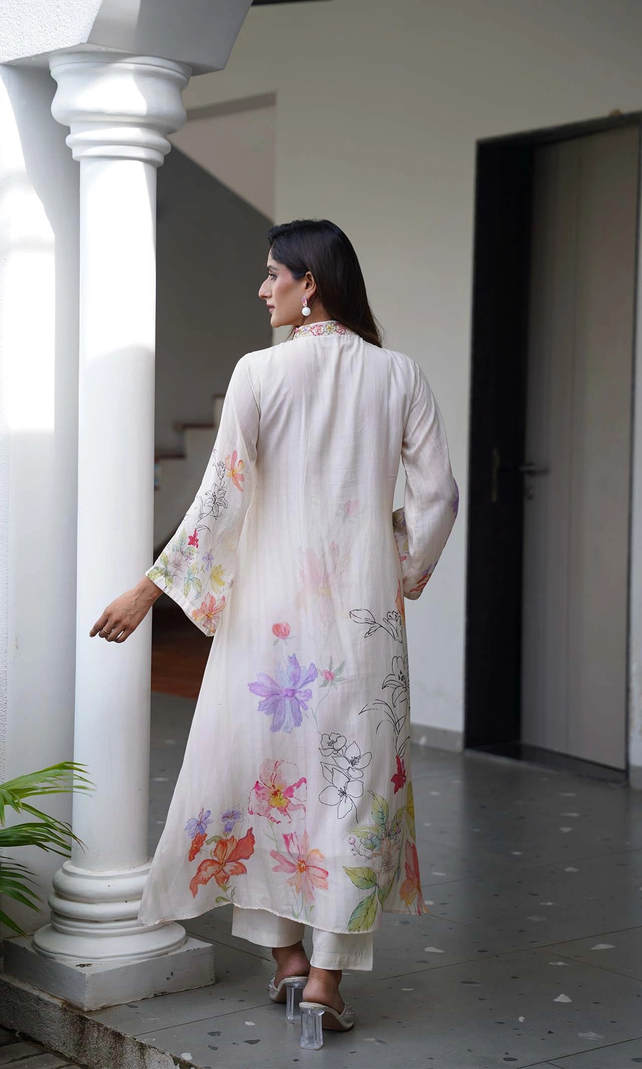 Pastel Watercolor Floral Muslin Kurta Set with Pintuck Pleats and Beaded Mandarin Collar