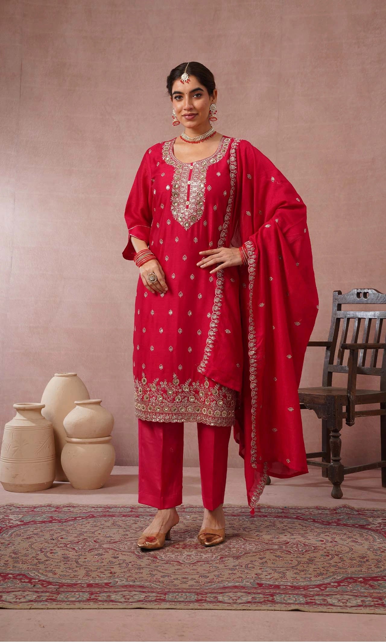Ruby Embroidered Kurta Set with Dupatta