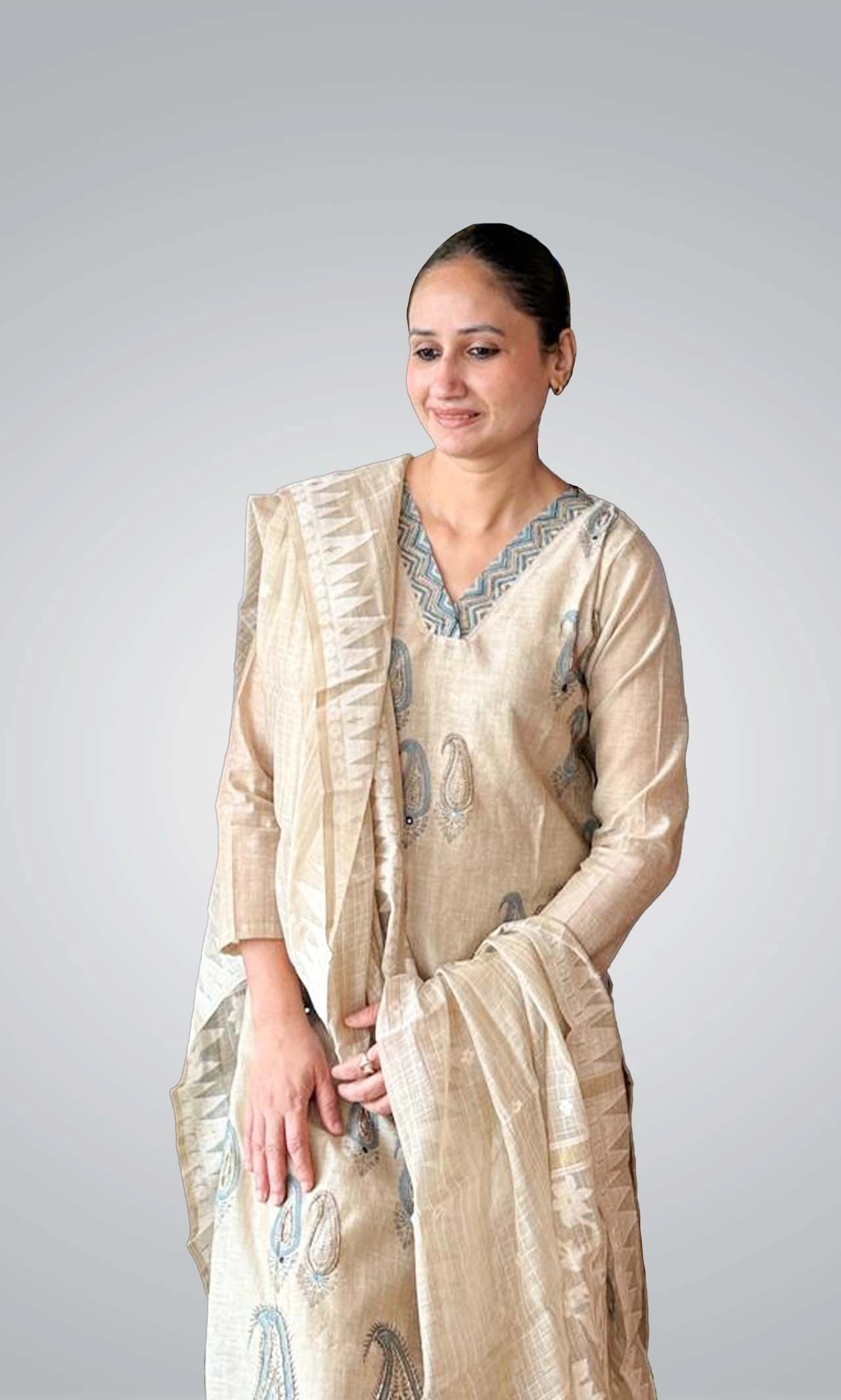Beige Chanderi Silk 3-Piece Suit Set with Paisley Resham Embroidery and Hand-Beaded Dupatta