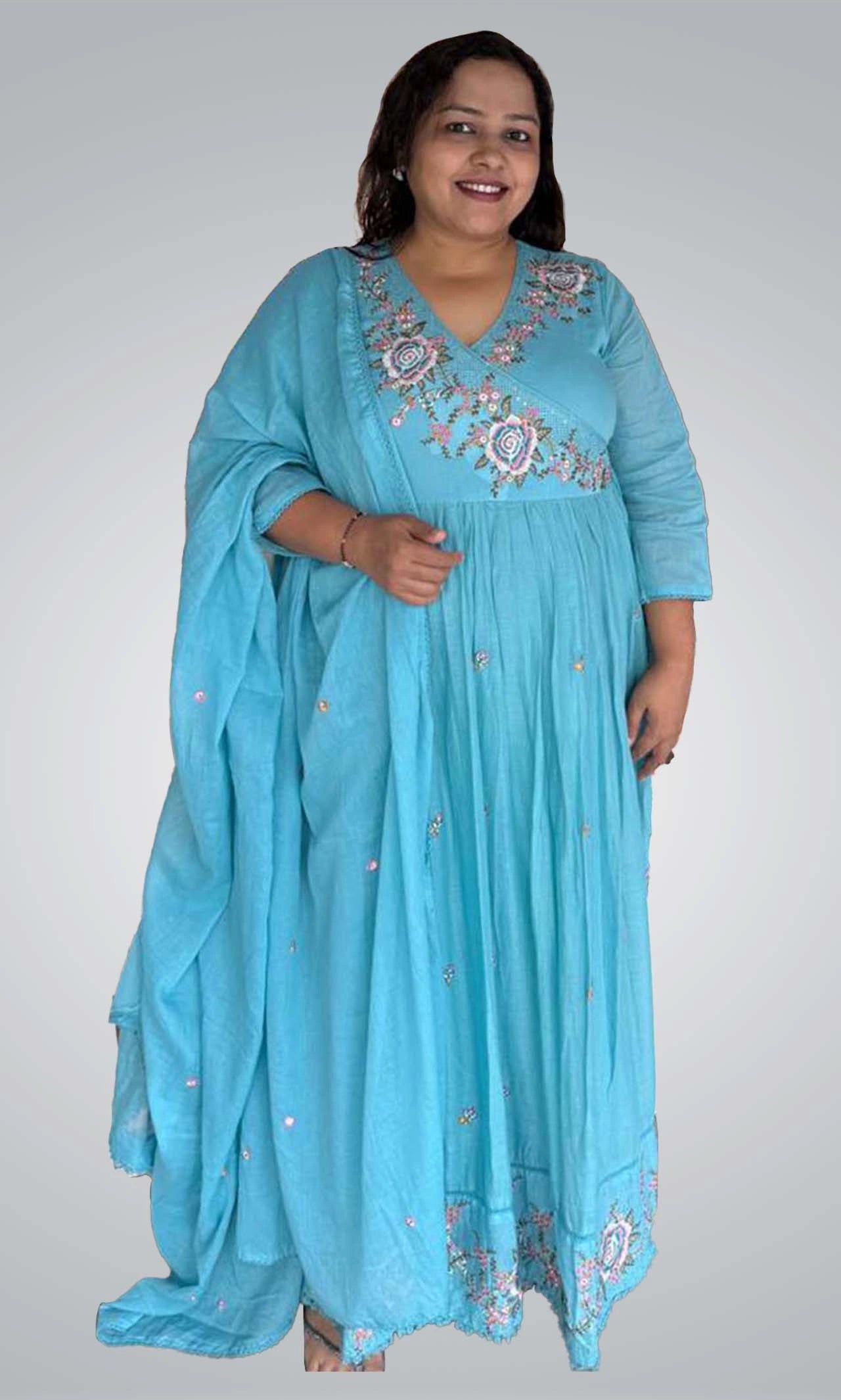 Aqua Blue Cotton Anarkali Suit Set with Floral Thread Embroidery and Matching Dupatta