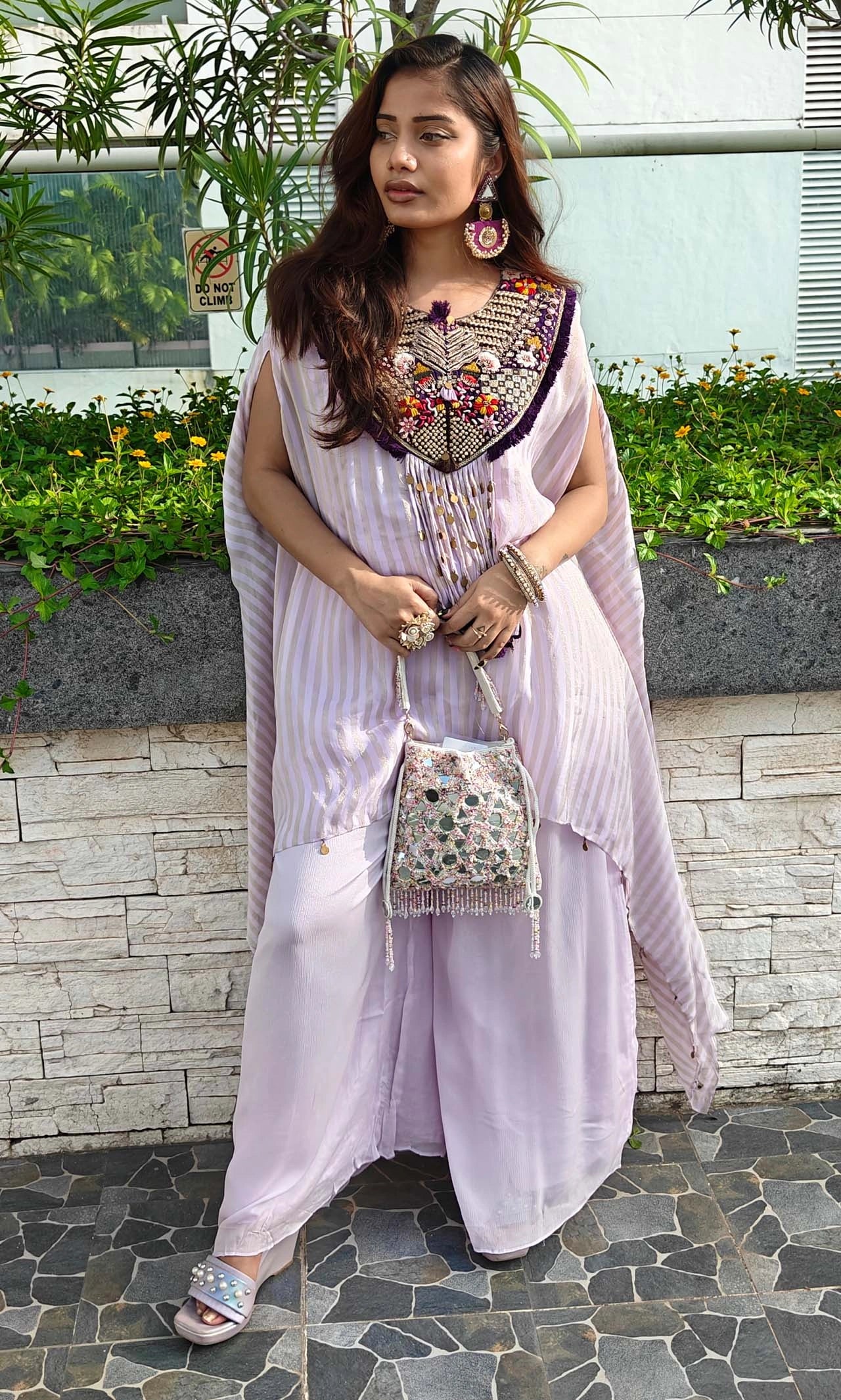 Lavender 3-Piece Indo Western Kurta Palazzo Set with Muslin Inner & Embellished Potli – Festive Wear for Women