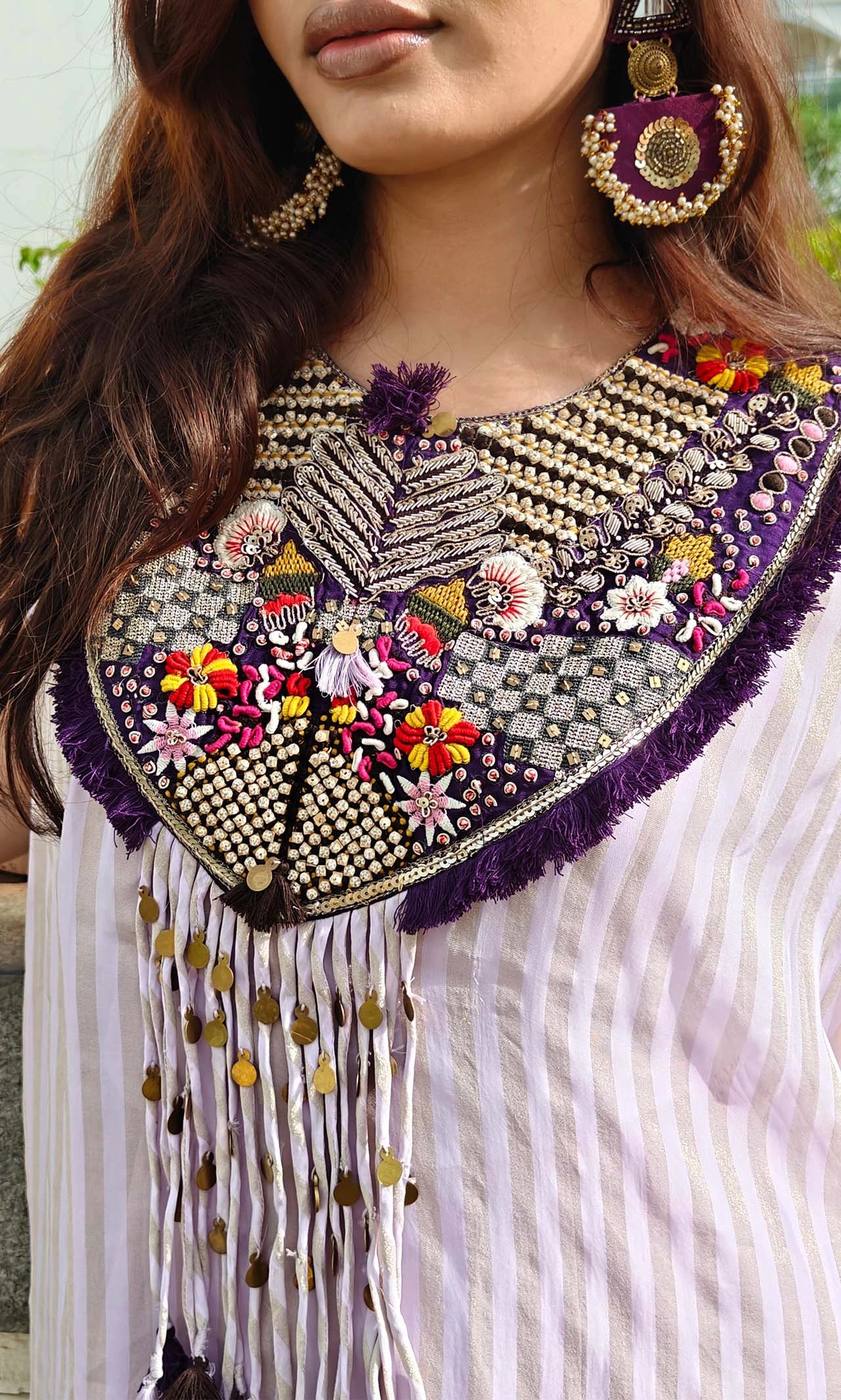 Lavender 3-Piece Indo Western Kurta Palazzo Set with Muslin Inner & Embellished Potli – Festive Wear for Women