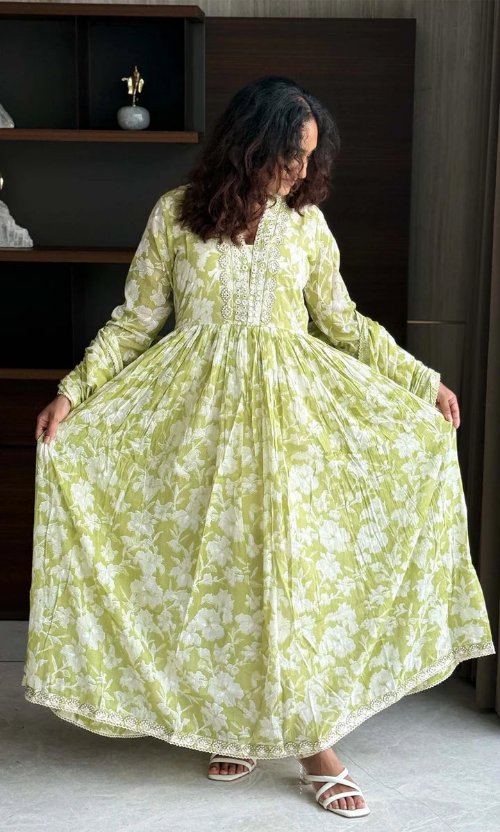 Lavender Floral Pastel Bloom Lace & Mirror-Work Anarkali Kurta Set with Floral Cotton Dupatta